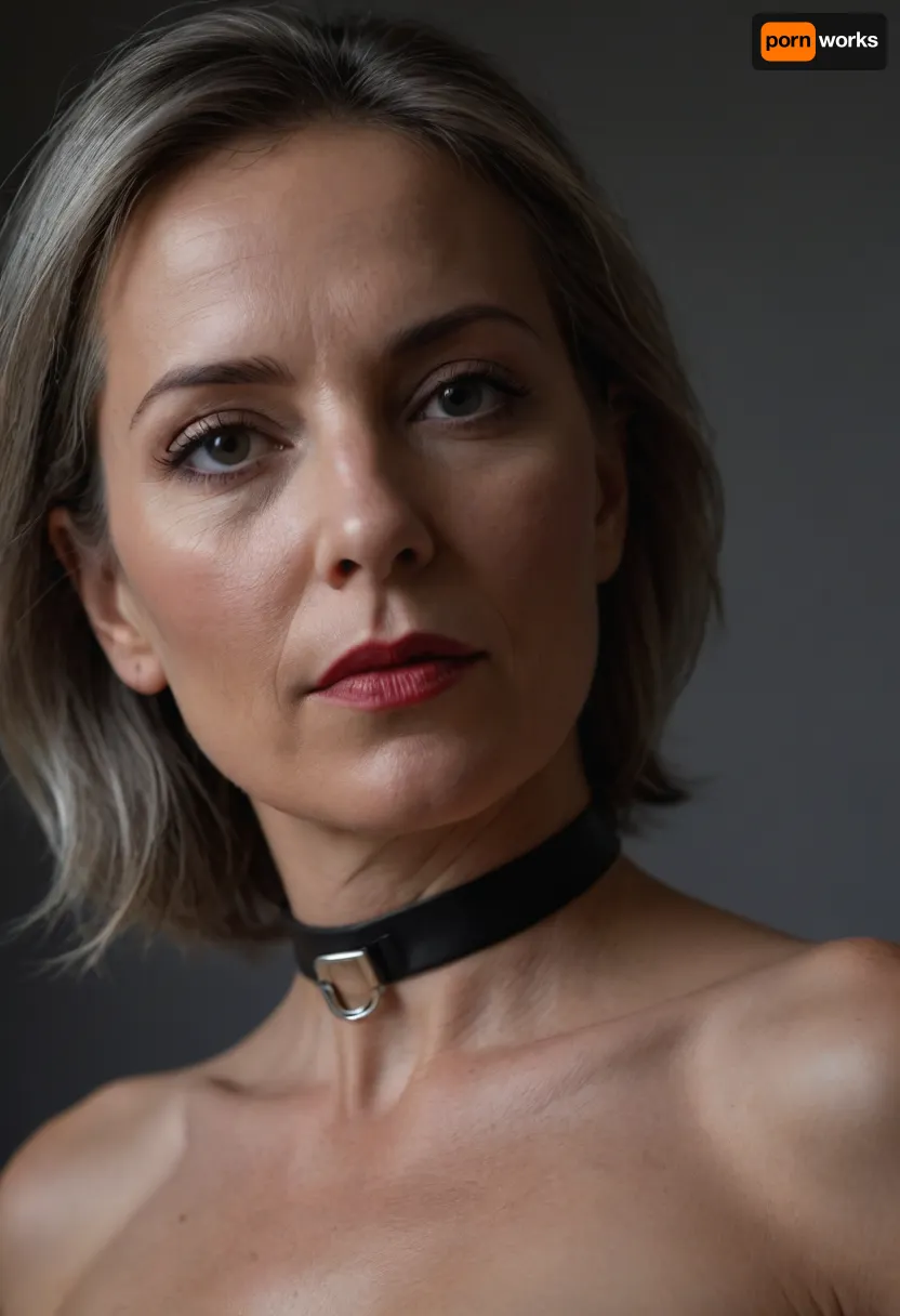 a 50 years old woman, A close-up portrait of a woman, captured in a candid moment. paired with a black choker featuring a silver buckle. Small nude perfect tits. Hard nipples. The woman's pose is relaxed, with one arm resting on a gray surface, and her gaze is directed towards the camera. The background is blurred, emphasizing the subject, and the overall color palette is dominated by red, black, and silver., detailifier
