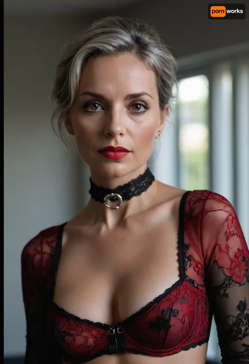 a 50 years old woman, A close-up portrait of a woman, captured in a candid moment. She is adorned in a red and black lace, paired with a black choker featuring a silver buckle. Small open nude perfect tits. Hard nipples. The woman's pose is relaxed, with one arm resting on a gray surface, and her gaze is directed towards the camera. The background is blurred, emphasizing the subject, and the overall color palette is dominated by red, black, and silver., detailifier