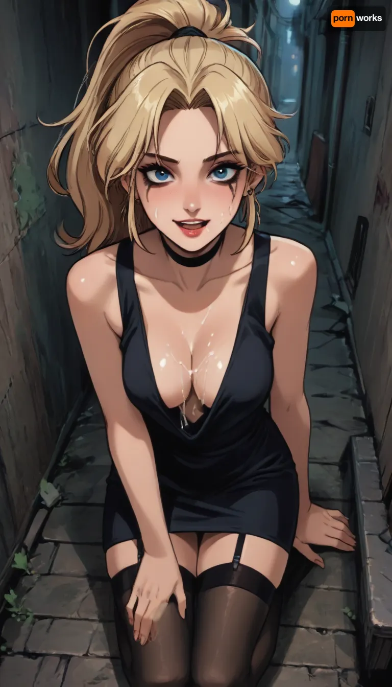 night, dim lights, score_9, score_8, reiq meets markgavatino style, 1girl, breasts, dress, ((Messy_long_straight_blonde_hair in a high ponytail)), view from above, black choker, solo, side_slit, cleavage, large_breasts, open_mouth, happy_and_exhausted_face, (ruined_makeup:1.5), (cum on her face, cum on her breast), ((erected nipples)), earrings, black_dress, smile, In the alley, plunging_neckline, long_hair, thighs, freckles, (on her knees), ((black stockings with garters:1.4)), cocktail_dress, garters, makeup, cute, doodle, ratatatat74, <lora:cutedoodle_XL-000012:.7>, <lora:ratatatat74-000050:.6>, <lora:NEOTOKIOXL_0.2_RC:.6>, <lora:outline_xl_kohaku_delta_spv5x:.6>