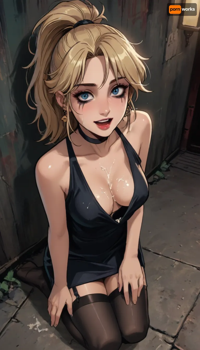 night, dim lights, score_9, score_8, reiq meets markgavatino style, 1girl, breasts, dress, messy hair, ((Messy_long_straight_blonde_hair in a high ponytail)), (view from above:1.5), black choker, solo, side_slit, cleavage, large_breasts, open_mouth, ((exhausted_happy_face)), (ruined_makeup:1.7), ((cum on her face:1.4), cum on her breast), ((erected nipples)), earrings, black_dress, In the alley, plunging_neckline, long_hair, thighs, freckles, (on her knees), ((black stockings with garters:1.4)), cocktail_dress, garters, makeup, cute, doodle, ratatatat74, <lora:cutedoodle_XL-000012:.7>, <lora:ratatatat74-000050:.6>, <lora:NEOTOKIOXL_0.2_RC:.6>, <lora:outline_xl_kohaku_delta_spv5x:.6>