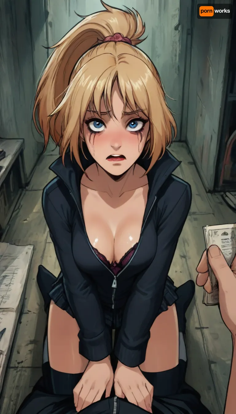 (reiq meets markgavatino artstyle:1.6), 25 year old, woman, wearing skirt, thigh_high_socks, view from above, black hoodie sweatshirt unzipped all the way, showing bra with bulging cleavage, blonde_ponytail, blue_eyes, looking at viewer, embarrassed, scared, in office, (on knees beneath you, looking up at you, crying, tears, ruined makeup), male pov, deep perspective, doodle, ratatatat74, <lora:cutedoodle_XL-000012:2>, <lora:ratatatat74-000050:2>, <lora:NEOTOKIOXL_0.2_RC:2>, <lora:outline_xl_kohaku_delta_spv5x:2>