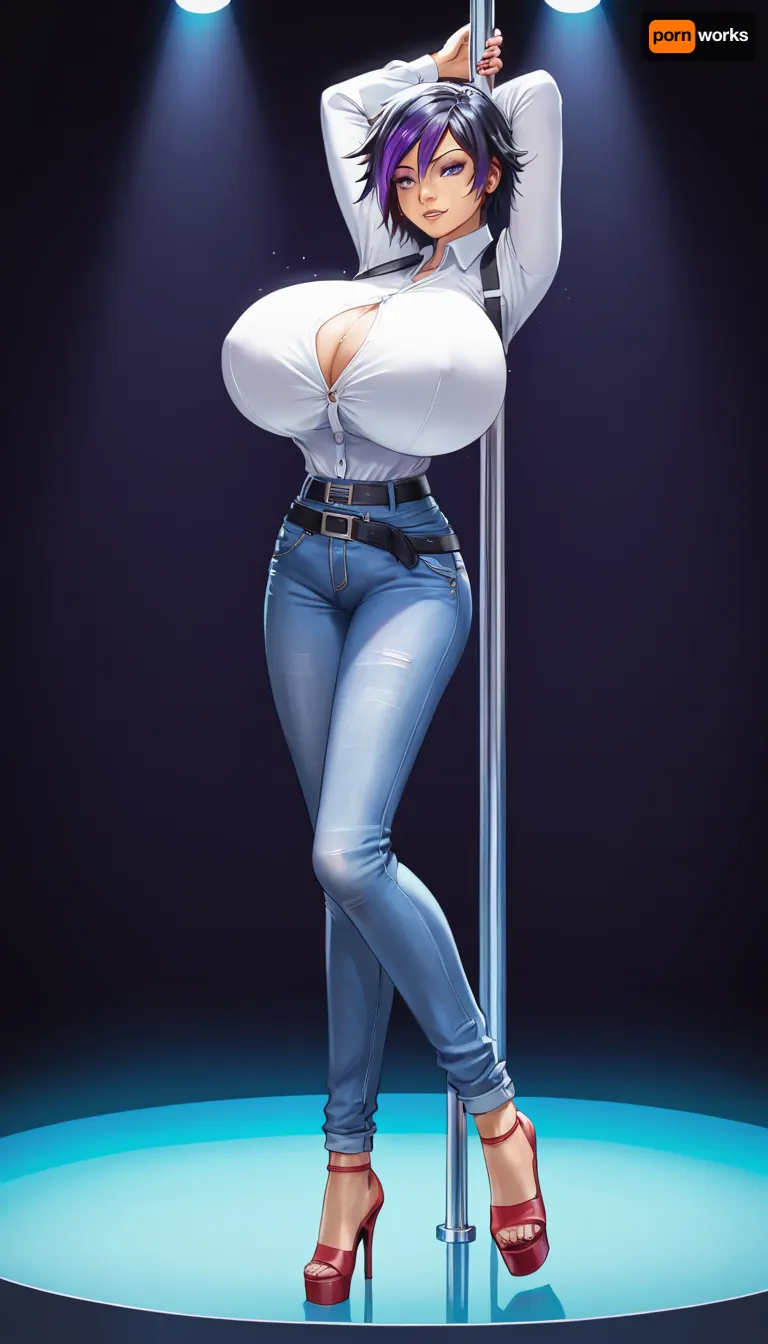 GoGo Tomago, gigantic breasts, pole dancing, conservative clothing, blue jeans, white shirt, skinny jeans, wide belt at the waist, narrow waist belt, smooth pants, tight pants, long pants, high heels, she feels lust and desire