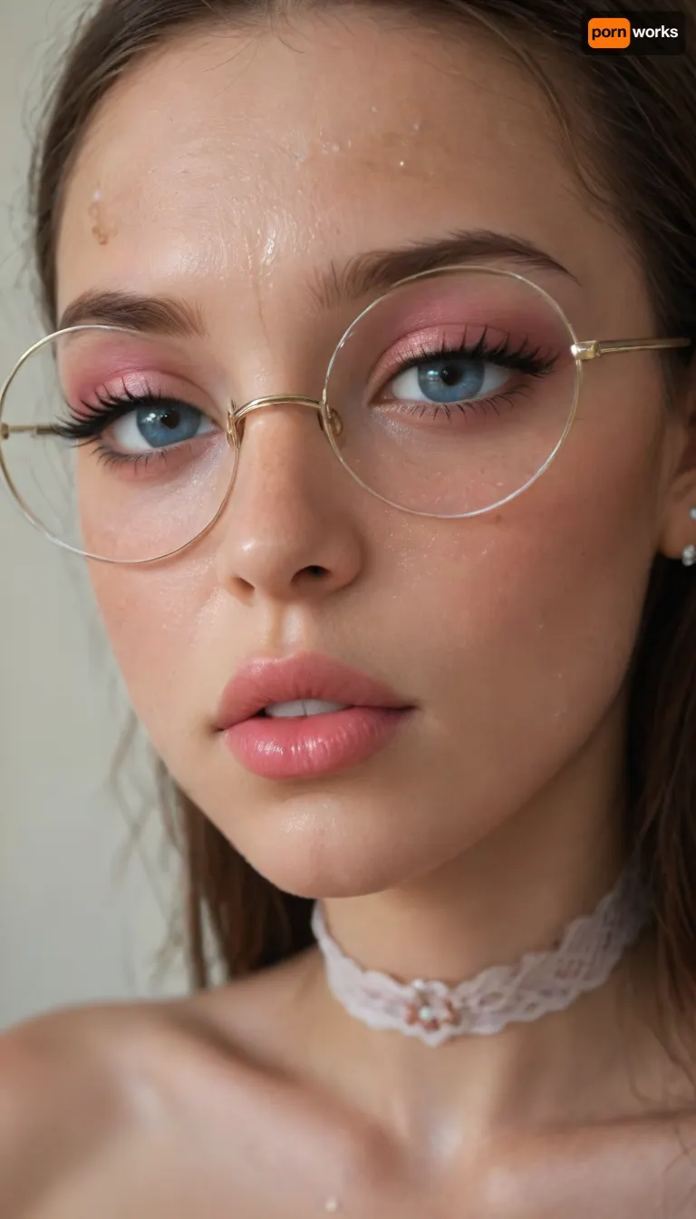 (Young petite tiny cutie girl:1.7), 18 years old, masterpiece, (shiny skin), (((close-up face:1.8))), (skinny:1.5), brown long hair, (blue eyes), (makeup:1.5), (Concentration:1.6), (((very very big long eyelashes))), (very busty:1.7), (ab crack), ((wet Skin)), ((round glasses)), choker, covered long erect nipples, (in the shower), ((she is wearing fishnet stockings contrasting)), shadows, bright light patches, light caustics, (Dynamic angle:1.5), (((best quality))), amazing quality, high contrast, volumetric lighting, intricate details, view from side, woman, on, face, <lora:JustCum:.5>, (((photorealistic))), (((very big lips))), pink lipstick, <lora:illustrious_styles_v3_vpred:.1>, <lora:678016_training_data:.8>, facialized, superfacialized, <lora:facialized:.8>