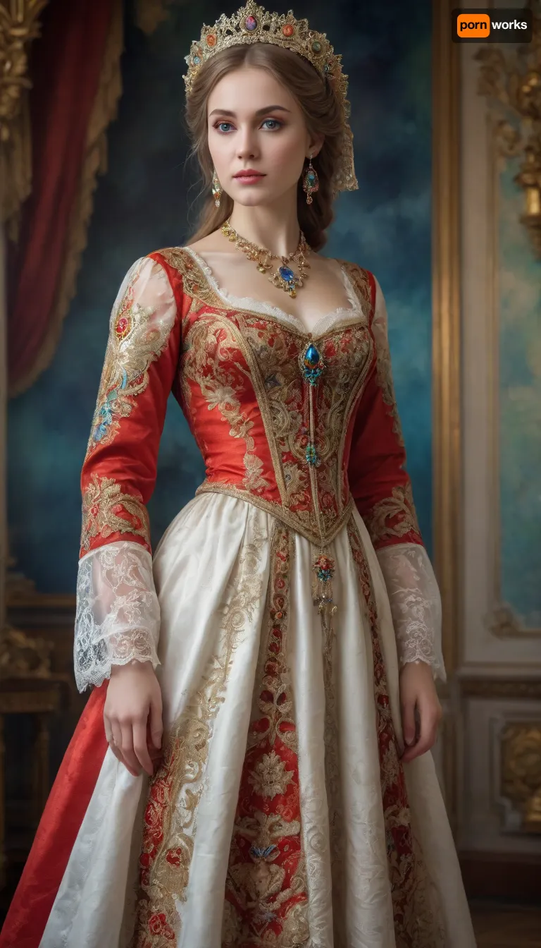 Full-length portrait of a Russian beauty in a national costume, lace filigree of bright, saturated color. Very clear, highly detailed watercolor, glaze technique, as well as colored alcohol ink in the style of V. Vasnetsov.