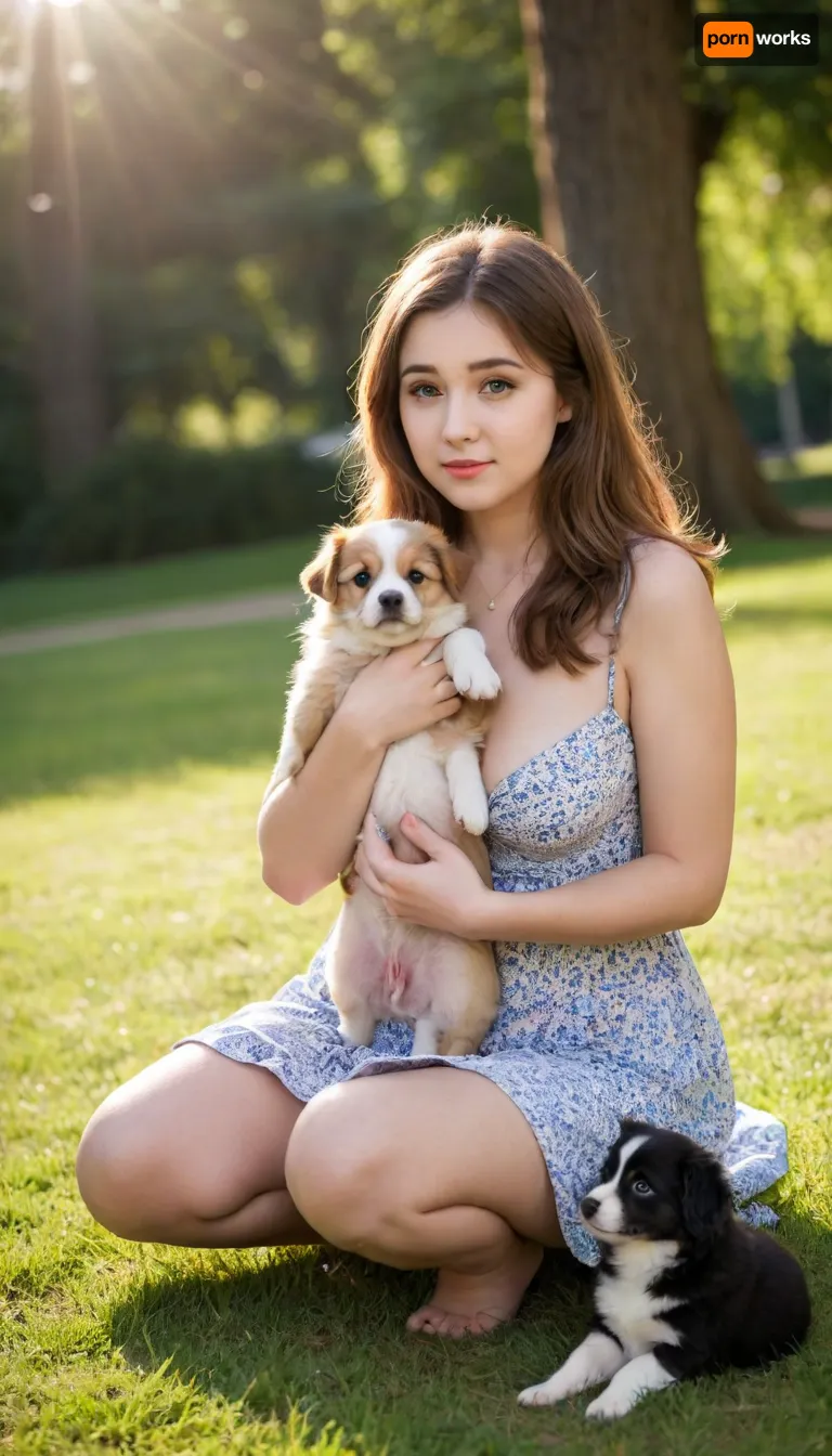 Realistic photography, chubby, modest, solo, 1girl, long hair, round face, big bright eyes, broad shoulder, deep collarbone, squeezed cleavage, (busty:.8), alluring, seductive, knees, thigh, short summer dress, in the park, squatting down playing with the puppy, enjoying the sunny weather, summer, backlight, perfect weather, puppy, dog, leash, peaceful vibe, caring for the dog, nature., <lora:EnvyCuteSliderXL01:2>