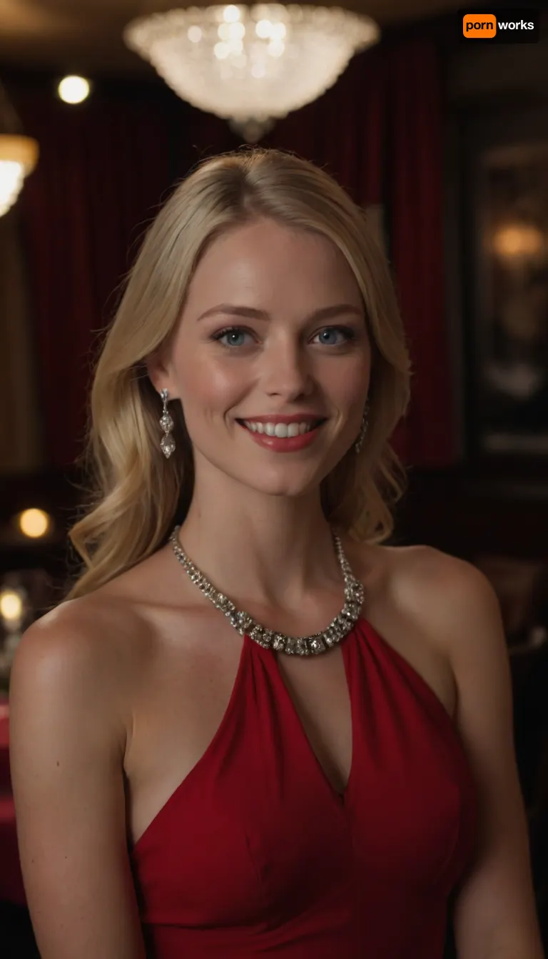 A beautiful blonde woman with blue eyes smiles softly, wearing a vibrant red halter dress and elegant jewelry in a dimly lit restaurant setting. The background is dark with subtle lighting, creating a warm and intimate atmosphere. Focus on capturing the details of her face, the texture of the dress, and the sparkle of the jewelry.