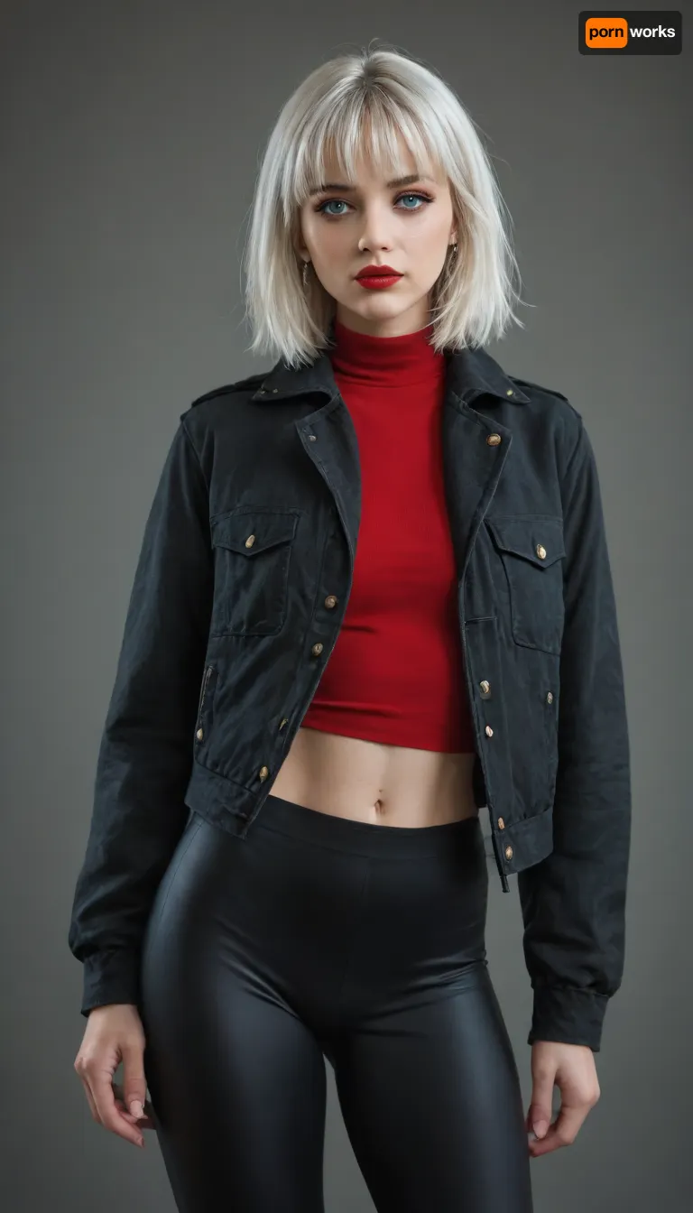 girl, 20 years old, modern grand style, leggings, top, jacket, short white hair, long bangs, blue eyes, bright makeup, red lips