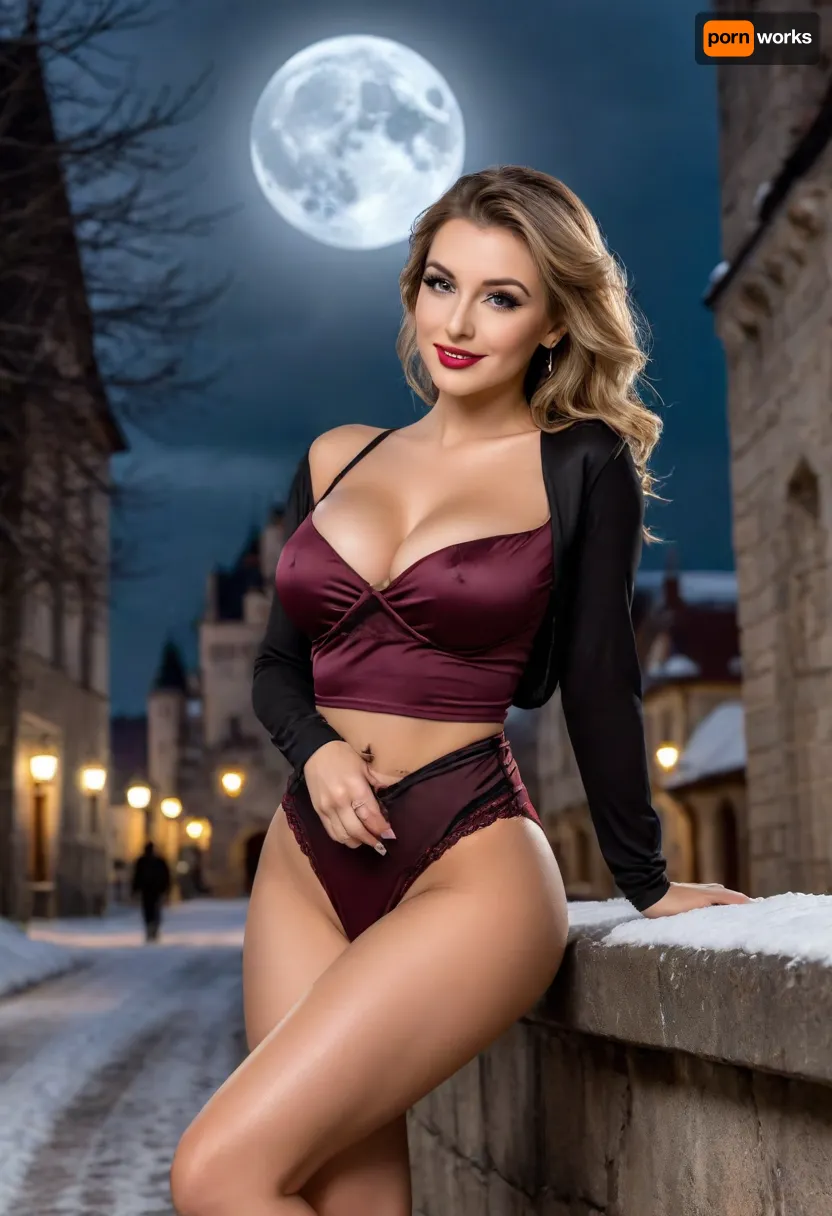 A dracula castle, night, dark cloudy sky, moon

Photorealistic, high resolution, score_9_up, score_8_up, score_7_up, 28 year woman, white girl, white skin, sunglasses on​ head, young face, perfect face, smile​ face​ with​ white​ teeth​, perfect lips, glossy lips, detailed face, perfect eyes, black dark hair, bent over at waist, tight athletic figure, tight ass, (perfect slender body), (very large breasts), one breast out, ..., Two Nude blonde, american, 40 yo, milf, mature, cinematic photo Latin queen, naked, makeup, eyesshadow, massive breasts, mini waist, massive hip, platinum waist belt, tanned skin, oiled skin, see-through chiffon flowing dress, sitting with crossed legs, side view, low angle shot, garter, leg stocking, no shoes, <lora:attractive_notrigger:1.8>, Woman, beautiful 45 years old dark blonde, hair in two high ponytails, make up and cherry lipstick, protruding breasts, tanned, medium height, very vide hips, very hairy vagina, smiles, walks on the evening snowy city, whole body view, bordo high heeled shoes, bordo shawl, legs spread for better view on pussy, hands up behind head, front to camera
