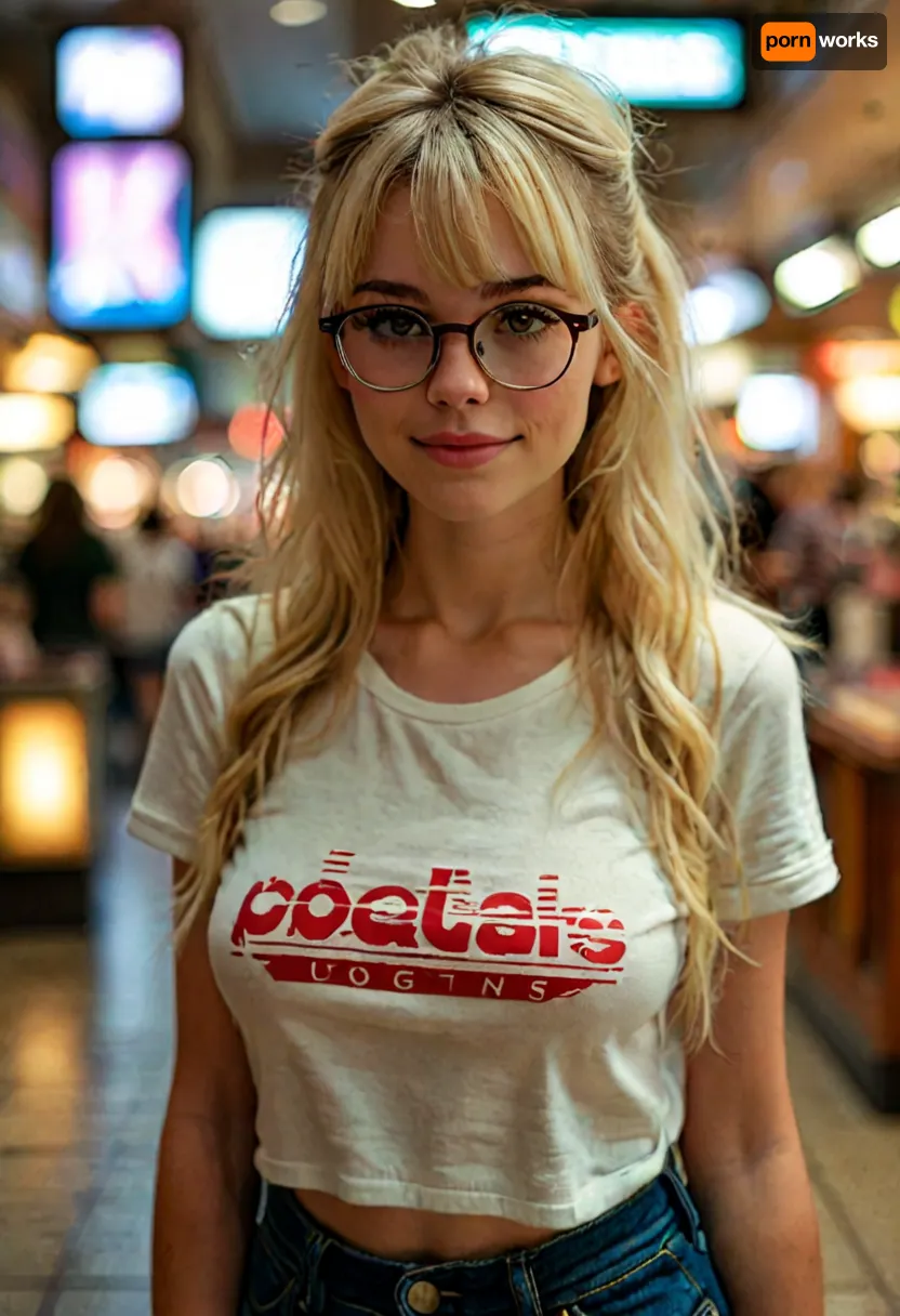 Cute busty geek in a snug t-shirt and low-rise jeans at the mall, view from waist up, very large breasts, messy hair with bangs, horn-rimmed glasses, dark green t-shirt with anime character, pale skin, shy smile, awkward pixie-ish face, 20 years old, mall background, Soft Lighting, Natural Skin Texture, Rule of Thirds Composition, Shallow Focus, but, braless, Wearing, clothes, that, make, sense, with, Braless>, <lora:MJ52:2>, <lora:add-detail-xl:2>, <lora:BUT_SDXL_SHS:.4>, <lora:bralessSDXL_v1_00022:.5>