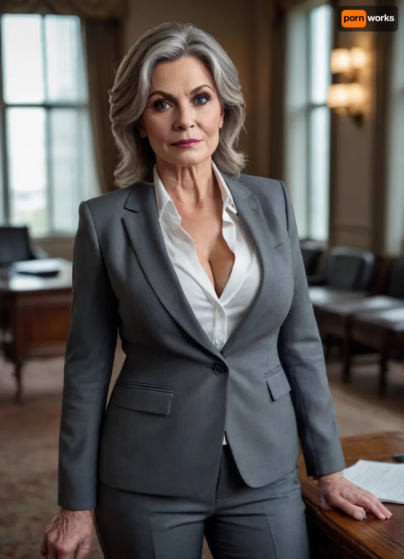 ultra-realistic, 8K HD, thick 60-years old woman, detailed face, detailed hair, deep grey eyes, large breasts, wearing business suit, cleavage, (tattooed:.5), full-length photo, looking to the viewer