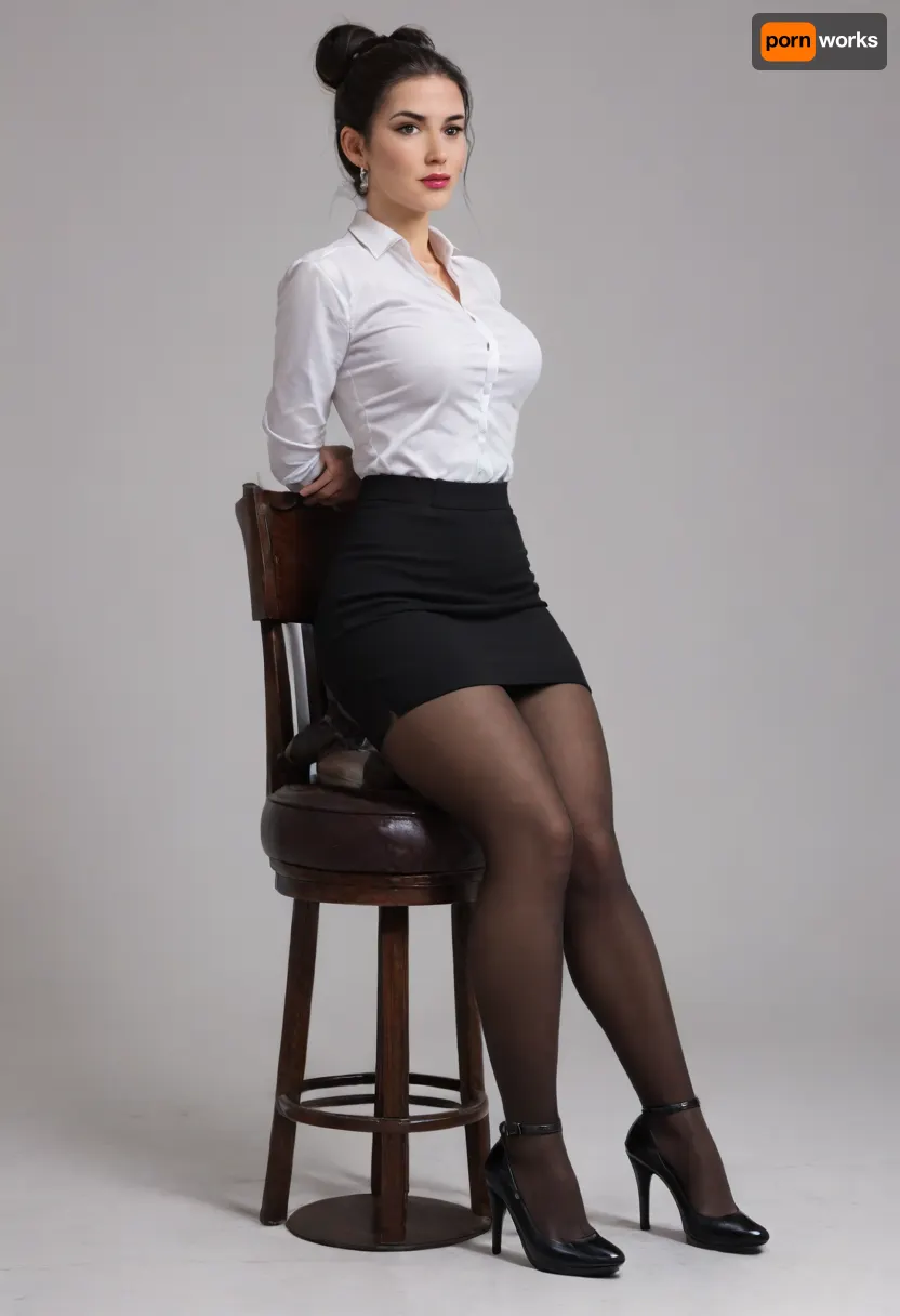 56 years old woman, proportionally built, 164 cm height, 54 kg, sitting, sexy female silhouette, aristocratic beauty, haughty look, brown eyes, female silhouette, makeup, she doesn't smile, (black hair tied back in a bun:1.4), completely clothed, (black pantyhose:1.5), sitting on chair in office, business attire, heels 6 cm, short skirt, (the skirt ends 10 cm above the knees:1.6), (curvy shaped legs:1.2), wide hips, convex buttocks tightly wrapped in a skirt, looks at the camera reproachfully, she is outraged, (full body visible with shoes:1.8), (body turned to the camera by 75 degrees:1.4), exposed buttocks