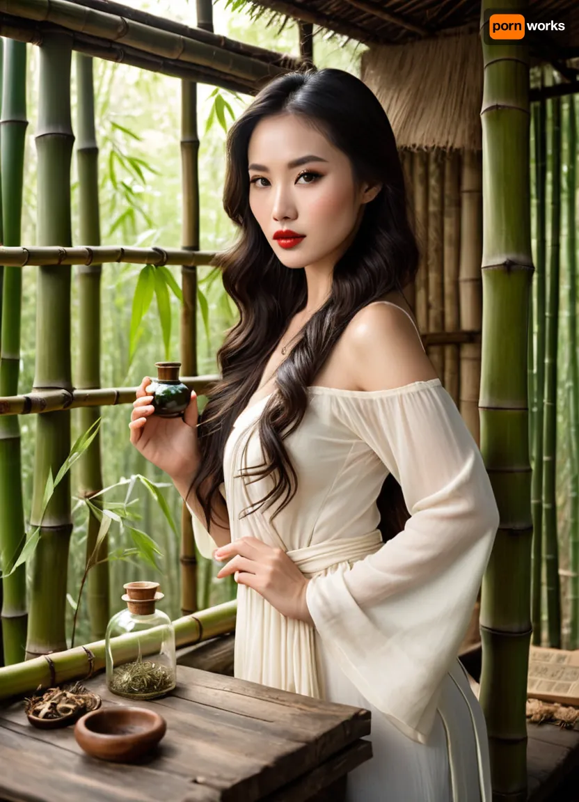 (magical realism:1.2), (Chinese herbalist:1.1), (beautiful Asian woman:1.3), refined, (long black wavy hair:1.1), (dark eyes:1), (full red lips:1), (forest hut:1.3), (bamboo forest outside the window:1.4), (old wooden table:1.1), (dried herbs and roots on the table:1), (stone bowl:1.1), (bottle of potion in hands:1.5), (herbalist:1), (medieval:1), (fantasy:1), (elegant dress:1), (soft light:1), ((seductive gaze)), (high resolution:1.1), (photorealistic:1.2), (studio lighting:1.1), (realistic textures:1.1), (bokeh background:1), (excellent sharpness:1)