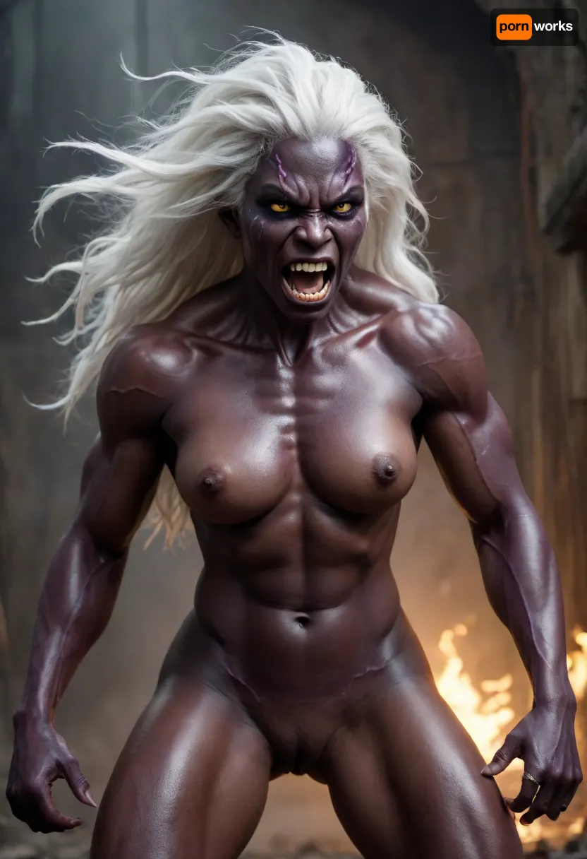 monstrous humanoid female creature, ((muscular)), (((dark purple skin tone))), prominent brain-like head that is exposed with a wrinkled fleshy texture, (wide menacing mouth filled with sharp jagged teeth), (glowing solid white eyes), long wild white hair flowing behind, athletic, toned, visible stitching/scars on its thigh, clawed hands, sharp features, laboratory setting, animalistic pose, running/charging at camera