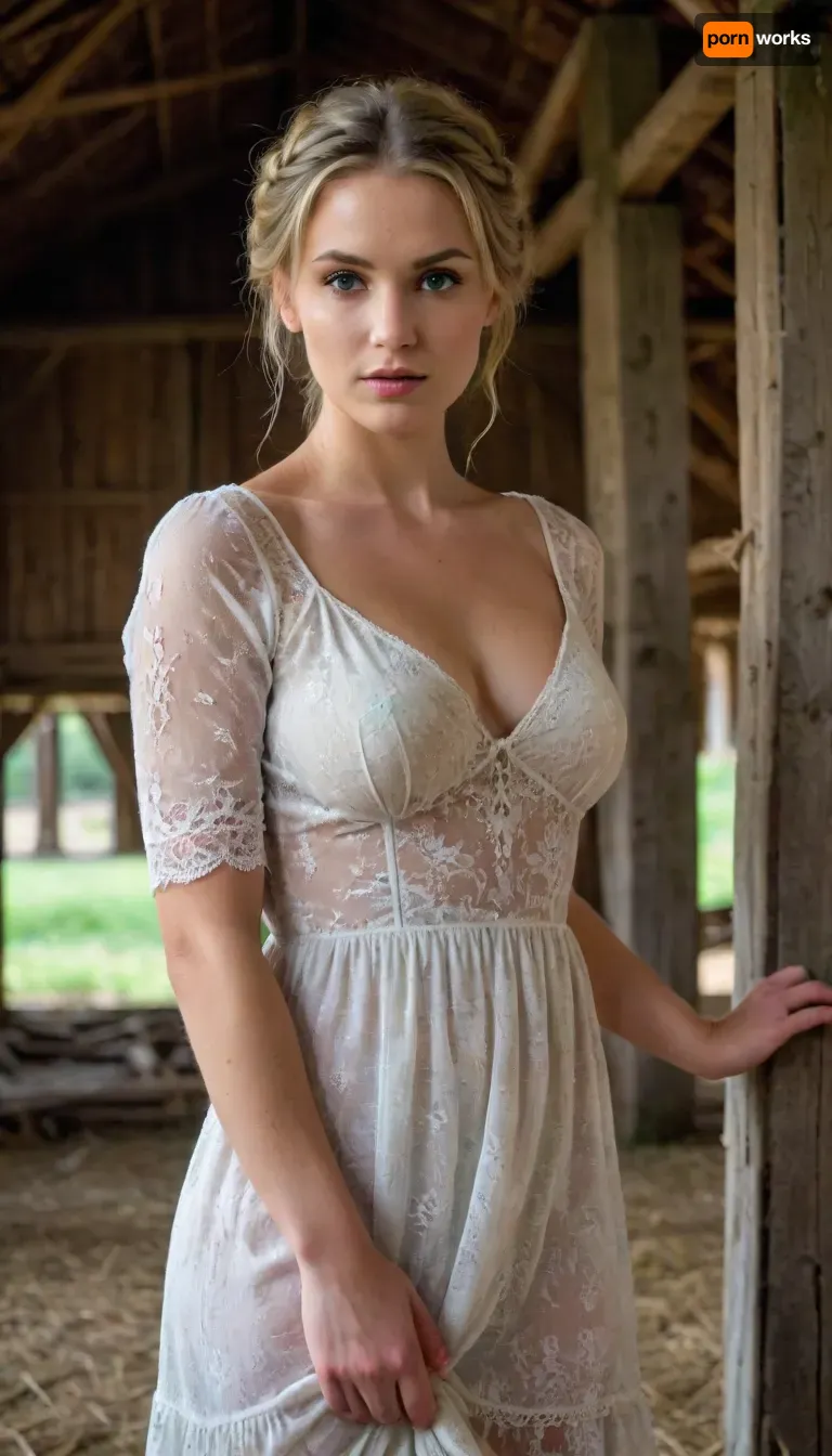 A village german woman, sexy wife, medium breasts, standing in a hayloft in an abandoned barn, (White lace see through dress), sexy bun hair, breast out dress, green, eyes, blue, brown, perfecteyes, Perfect, Hands, woman, blonde braided hair, <lora:xl_more_art-full_v1:.2>, <lora:PerfectEyesXL:.5>