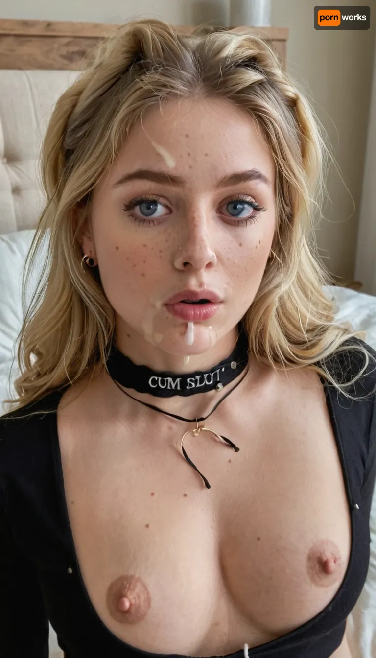 25yearold blonde woman, slim body, pale skin, small body, choker, ((black top with the text “CUM SLUT” printed on it)), (medium perky boobs), (cleavage), freckles, terrified of the viewer, eye contact, long wavy hair with a black scrunchy, wide shy eyes, blue eyes, bedroom, stud earrings, toned belly, woman, <lora:JustCum:.8>, supermodel, big, lips, <lora:Beautify-Supermodel-SDXL:.8>, <lora:580159_training_data:.8>, facial, cum, on, face, breasts, stomach, covered, in, perfect, <lora:Facials:.8>, facialized, superfacialized, <lora:facialized:.8>