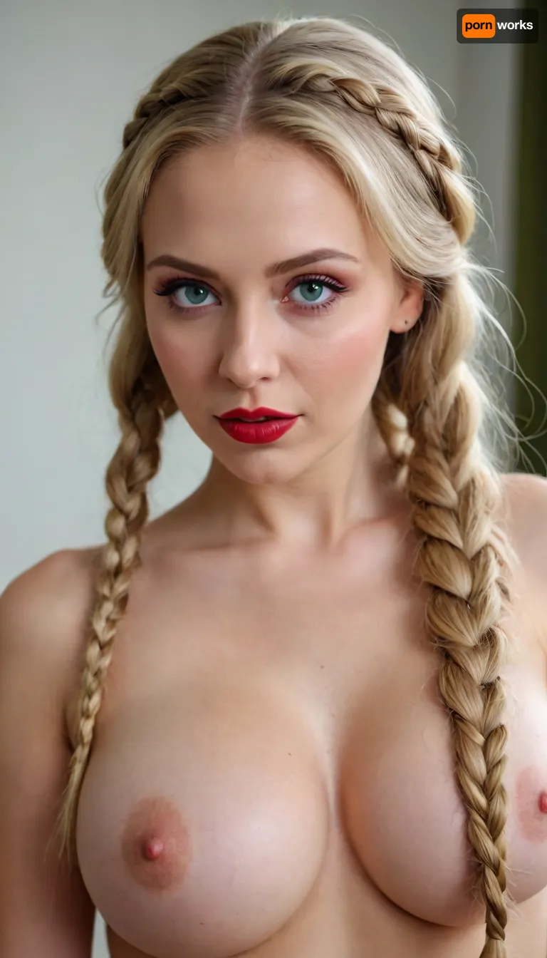Russian blond woman, beautiful face, braided hair, green eyes, Extremely Vibrant Colors, red lips, hairpin, long braided hair, extremely realistic, red lipstick, blond hair, wide big ass, big tits, nice feet, undercut temples, nice ass, titjob, blowjobtitjob, <lora:283625_training_data:.8>