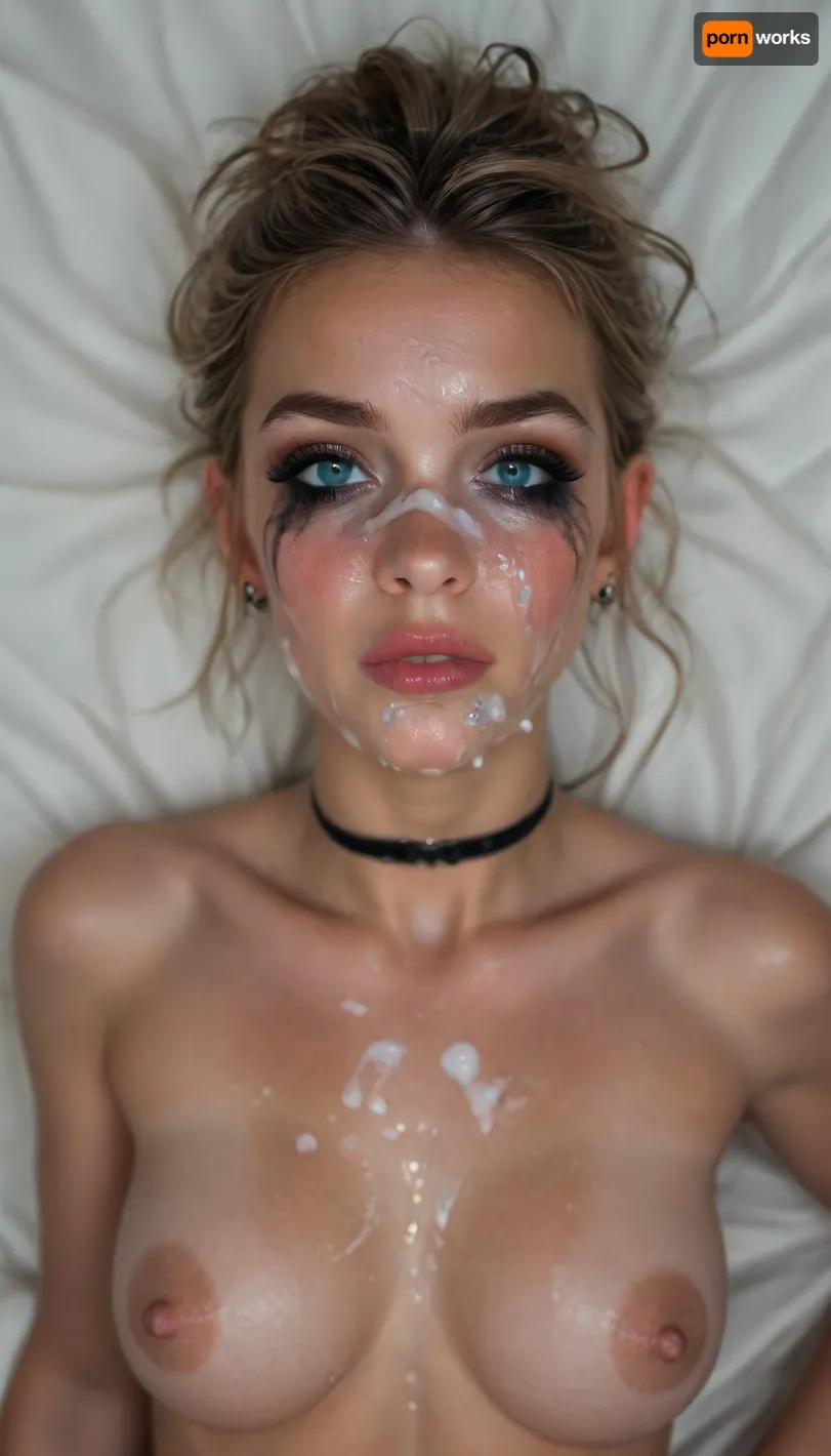 Cinematic still, (mature woman), 50yo, milf, (slav:1.5), submissive, horny, cute, gorgeous, freckles, perfect round breasts, dark makeup, eyeliner, eyeshadow, mascara, long eyelashes, slim waist, nude, black stockings, legs spread, black choker, very long blond hair, striking facial features, (blue eyes), narrow face, wet skin, silver jewelry, on bed in a bright bedroom, (lying on her back), (((looking directly to the viewer))), (cum on face:1.9), mouth closed, kiss mouth, (ruined makeup:1.2), (ruined hairstyle:1.3), cum on tits, devot, (view from front/above:1.5), 4k epic detail, shot on kodak, 35mm photo, sharp focus, high budget, cinemascope, moody, epic, film grain, grainy, score_9, score_8_up, score_7_up, rating, explicit, big_eyes, but, <lora:style_lora_realis:2>, <lora:BUT_SDXL_SHS:2>, <lora:SDXLHighDetail_v6-000005:2>