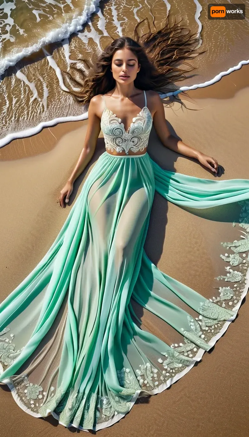 Hyperrealistic photography – aerial view, A young woman with delicate, almost ethereal features lies gracefully on the surf of a golden sandy beach. She wears an elegant white silk dress with intricate silver embroidery. The surf beneath and around her forms a perfectly symmetrical butterfly pattern that blends harmoniously with the movement of the shimmering blue-green waves and merges seamlessly with the sand. Her long, curly brown hair spreads out in a fan shape in the spray. Soft, natural light, rich in detail, inspired by femininity and nature.