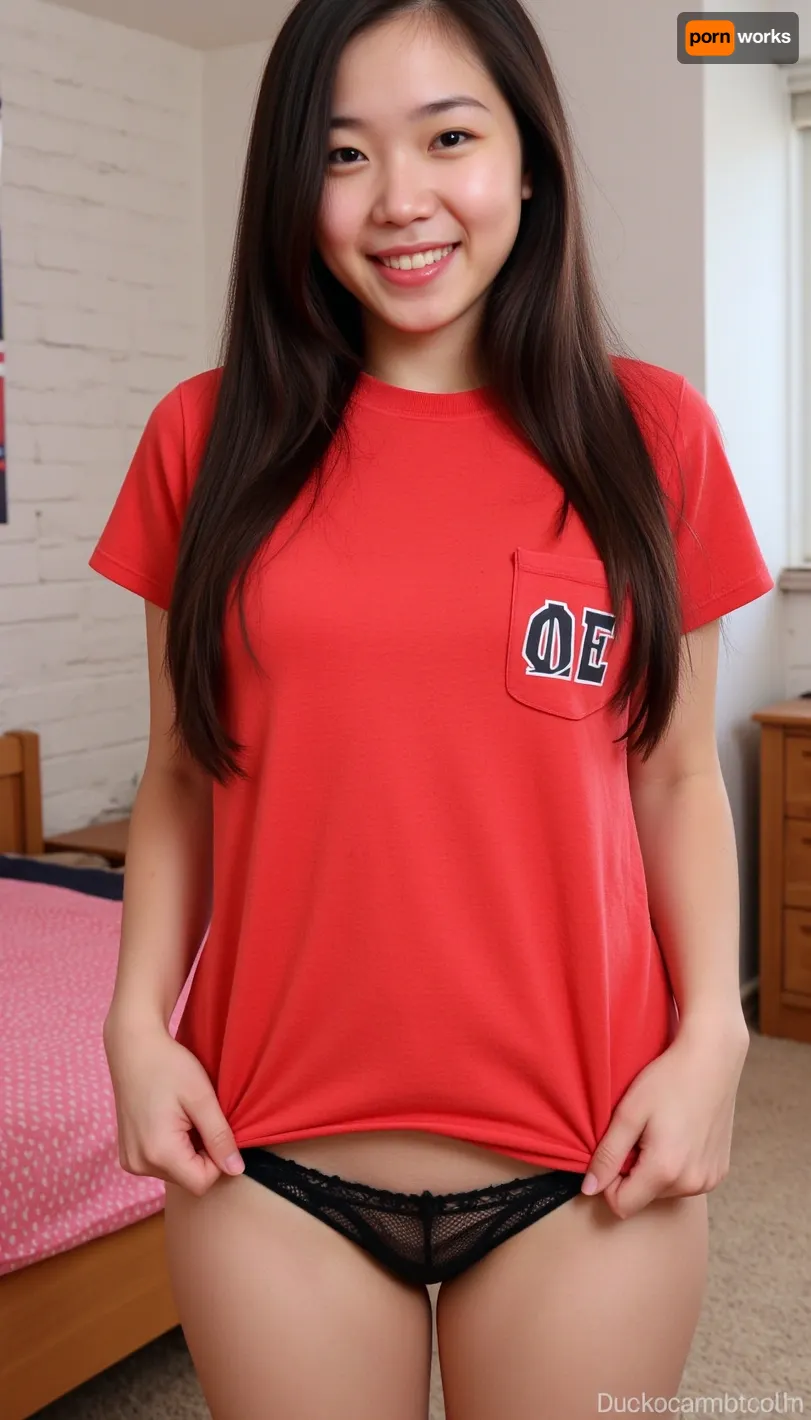 Expert photo of a, (young Chinese sorority girl), . long dark hair, skinny, and a, (beautiful youthful face), .

big and loose red t-shirt with a front pocket and greek letters on it. She pulls up the bottom of the shirt to flash her, ((lacy black thong)), smiling as she does it.

The photo shows her face and, full body, This is in a well-lit dorm room with carpeted floor, white painted cinderblock walls, a wooden bed with pink bedding, and some posters on the wall.

The photo is for sexting and the vibe is sexy, flirty and fun.