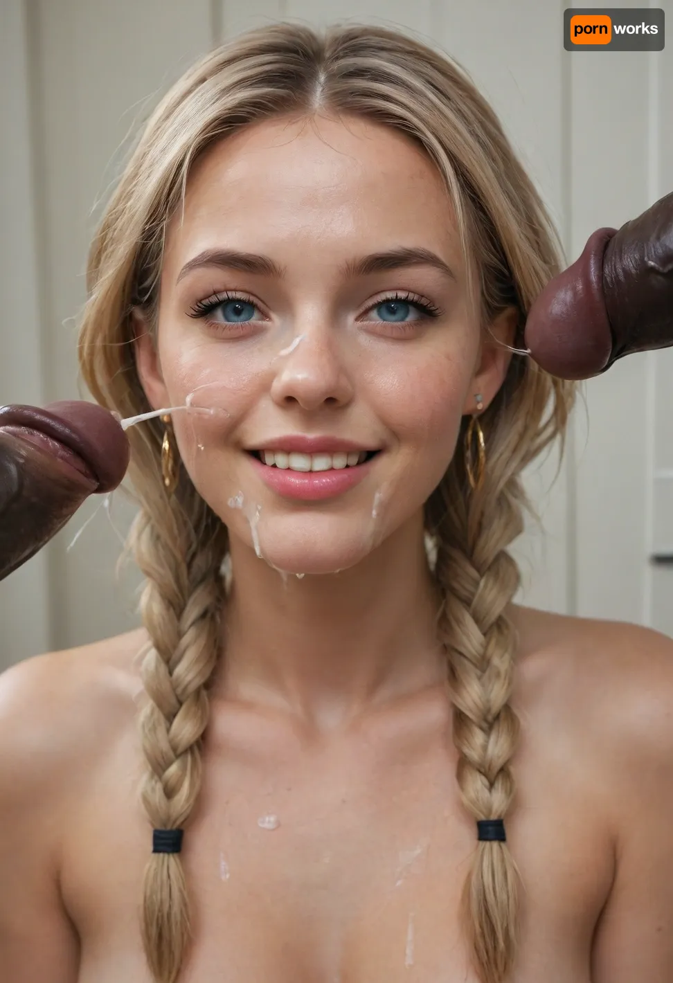 Blonde woman nude, braided pigtails, smiling, facial bukkake, 20 thick massive black cocks ejaculating, explosive cumshots