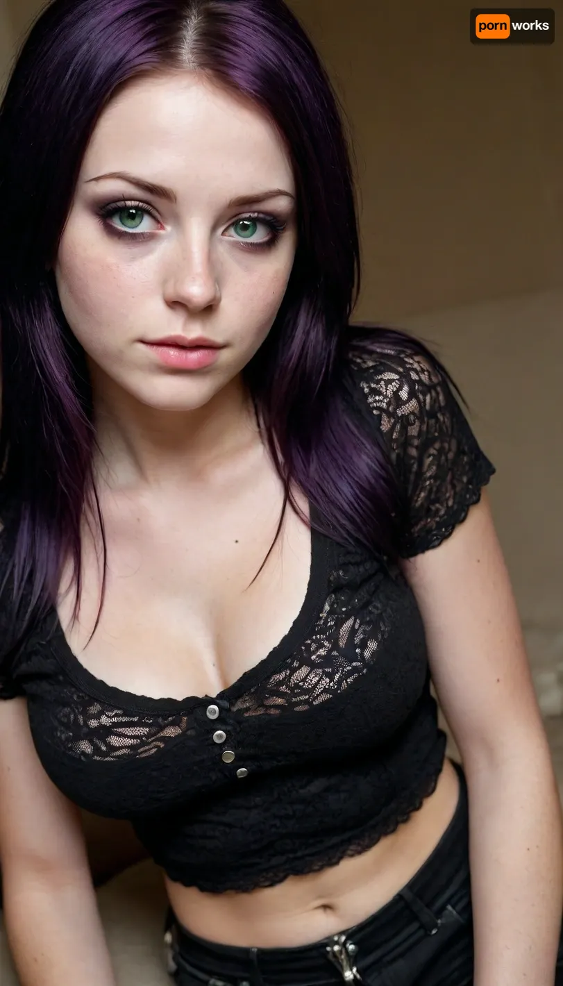 Emo girl, extremely busty, very busty, gorgeous emo girl wearing snug clothing accentuating her big and sexy assets, extremely sexual curves, tiny waist, microwaist, large bust. Sensual Emo female body, body covered in a clear liquid. Long black hair framing a cute freckled face, very long straight flat hair, freckled face, freckled cheeks, beautiful freckles. Green eyes, colorful green eyes with a sensual vibe. Black and purple colored clothing with lots of lace Tshirt with lace, early 2000's emo attire, wearing emo clothing from the early 2000's. Full body view.