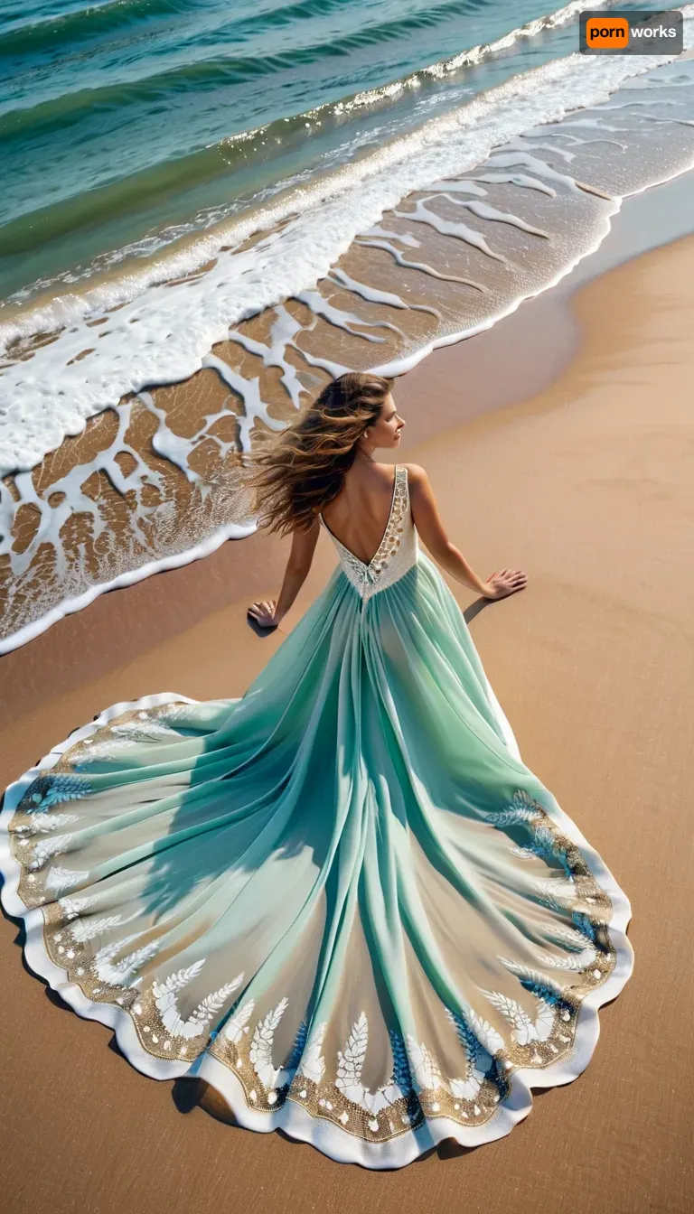 Hyperrealistic photography – Aerial view, A young woman with delicate, ethereal features lies gracefully on the sea foam on a golden sandy beach. She wears an elegant white silk dress with intricate silver embroidery. The sea foam beneath and around her forms a perfectly symmetrical butterfly pattern, blending naturally with the movement of the shimmering blue-green ocean waves and seamlessly melting into the sand. Her long, curly brown hair fans out across the foam. Soft, natural light, rich in detail, inspired by femininity and nature.