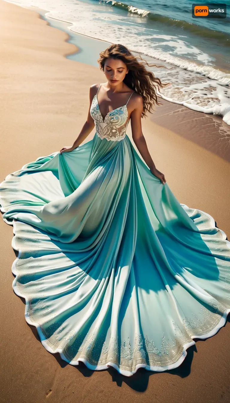 Hyperrealistic photography – Aerial view, A young woman with delicate, ethereal features lies gracefully on the sea foam on a golden sandy beach. She wears an elegant white silk dress with intricate silver embroidery. The sea foam beneath and around her forms a perfectly symmetrical butterfly pattern, blending naturally with the movement of the shimmering blue-green ocean waves and seamlessly melting into the sand. Her long, curly brown hair fans out across the foam. Soft, natural light, rich in detail, inspired by femininity and nature.