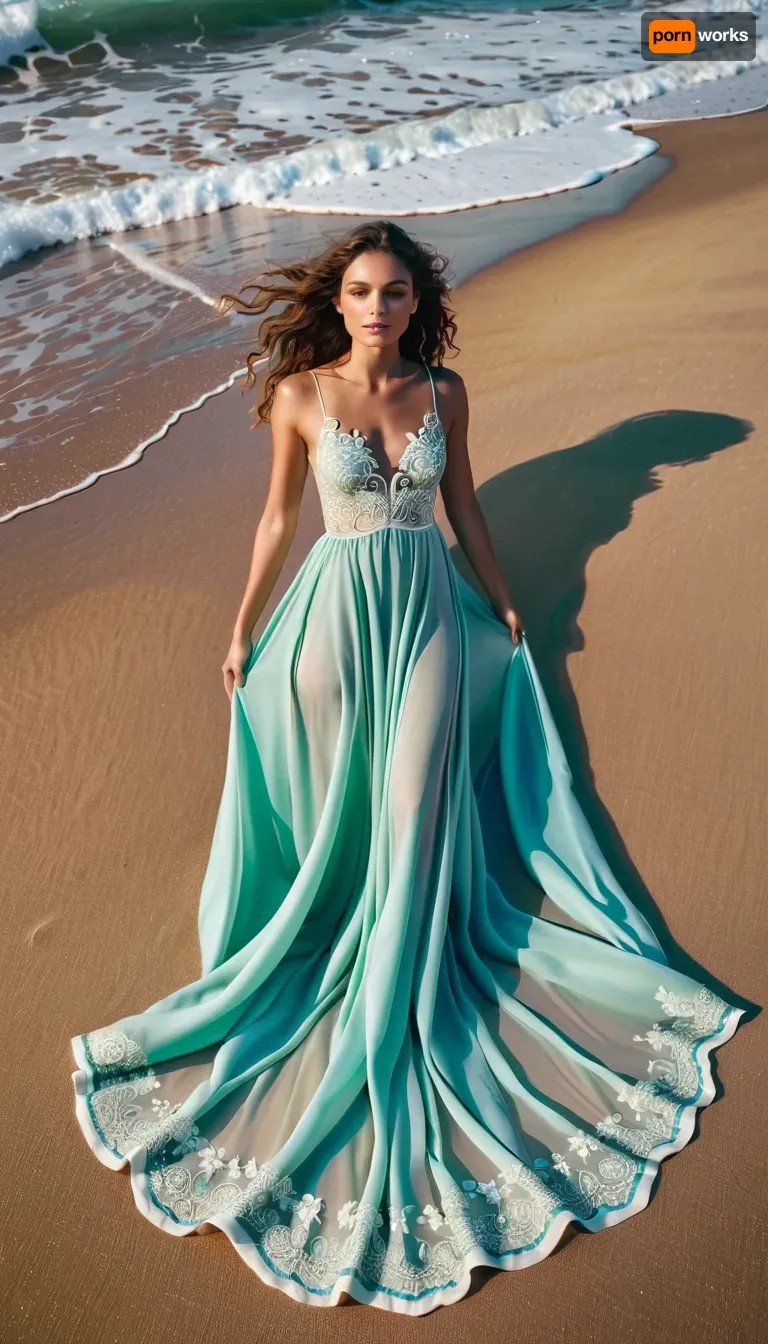 Hyperrealistic photography – Aerial view, A young woman with delicate, ethereal features lies gracefully on the sea foam on a golden sandy beach. She wears an elegant white silk dress with intricate silver embroidery. The sea foam beneath and around her forms a perfectly symmetrical butterfly pattern, blending naturally with the movement of the shimmering blue-green ocean waves and seamlessly melting into the sand. Her long, curly brown hair fans out across the foam. Soft, natural light, rich in detail, inspired by femininity and nature.