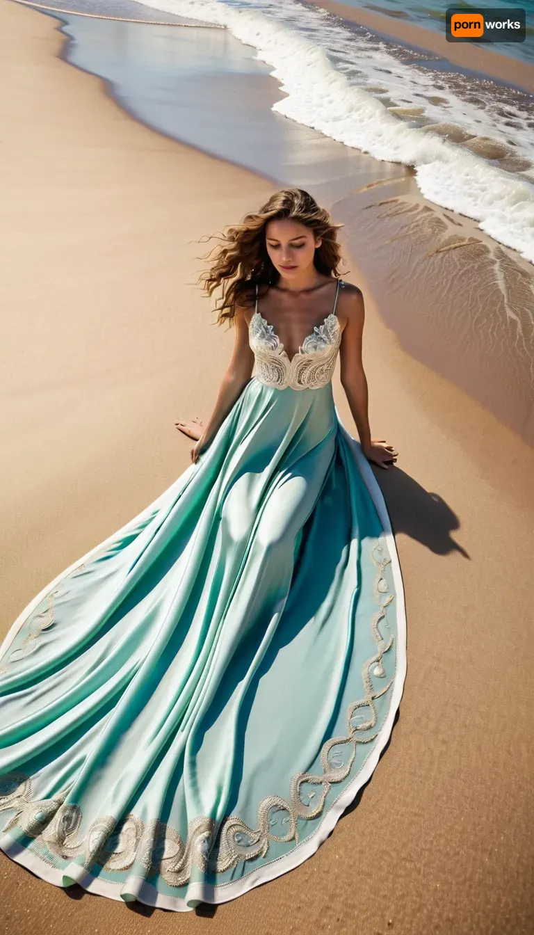 Hyperrealistic photography – aerial view, A young woman with delicate, almost ethereal features lies gracefully on the surf of a golden sandy beach. She wears an elegant white silk dress with intricate silver embroidery. The surf beneath and around her forms a perfectly symmetrical butterfly pattern that blends harmoniously with the movement of the shimmering blue-green waves and merges seamlessly with the sand. Her long, curly brown hair spreads out in a fan shape in the spray. Soft, natural light, rich in detail, inspired by femininity and nature.