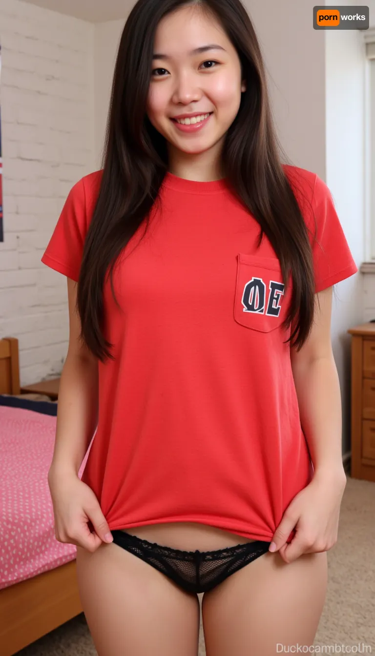 Expert photo of a, (young Chinese sorority girl), . long dark hair, skinny, and a, (beautiful youthful face), .

big and loose red t-shirt with a front pocket and greek letters on it. She pulls up the bottom of the shirt to flash her, ((lacy black thong)), smiling as she does it.

The photo shows her face and, full body, This is in a well-lit dorm room with carpeted floor, white painted cinderblock walls, a wooden bed with pink bedding, and some posters on the wall.

The photo is for sexting and the vibe is sexy, flirty and fun.