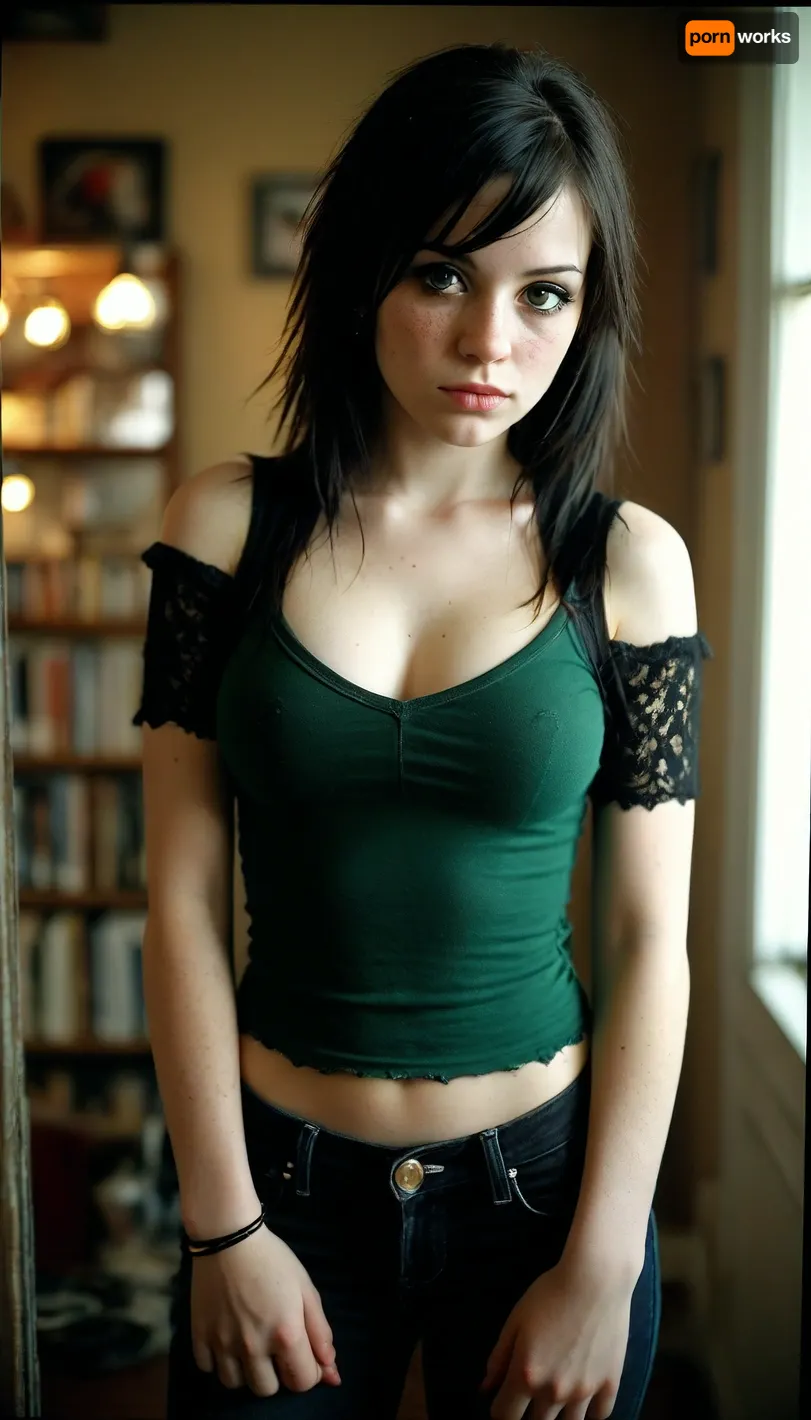 24 year old emo with very sexy and very large boobs, extremely busty, (the style of 1990's Polaroid flash:1.5), score_9, score_8_up, score_7_up, (Dainty little emo girl), (boobs bigger than her head:1.3), very busty, incredibly large and epic sized boobs, breasts of epic proportions, gorgeous emo girl wearing snug clothing accentuating her big and sexy bust bcy chest, snug shirt that makes her boobs look very big, extremely sexual curves, tiny waist, tight waist, microwaist, large bust, wide hips, fertile hips, skinny and lean physique. Sensual Emo female body. Long black hair framing a cute freckled face, very long straight flat hair, freckled face, freckled cheeks, beautiful freckles. Her eyes are an envious green, ., Black clothing, Tshirt that has lace sleeves, early 2000's emo attire, wearing emo clothing from the early 2000's, ripped skinny jeans, low-rise skinny jeans, full length skinny jeans. Dynamic lighting, natural lighting, key light, side light, . early 2000's Myspace profile pic selfie, kissy face selfie, standing up, good posture. score_10_up, score_9_up, score_7_up., <lora:add-detail-xl:2>, <lora:MJ52:2>, <lora:WildcardX-XL-Detail-Enhancer:2>, <lora:Adjust_SDXL_v3.0:2>, <lora:eGirls_XL_v1:2>