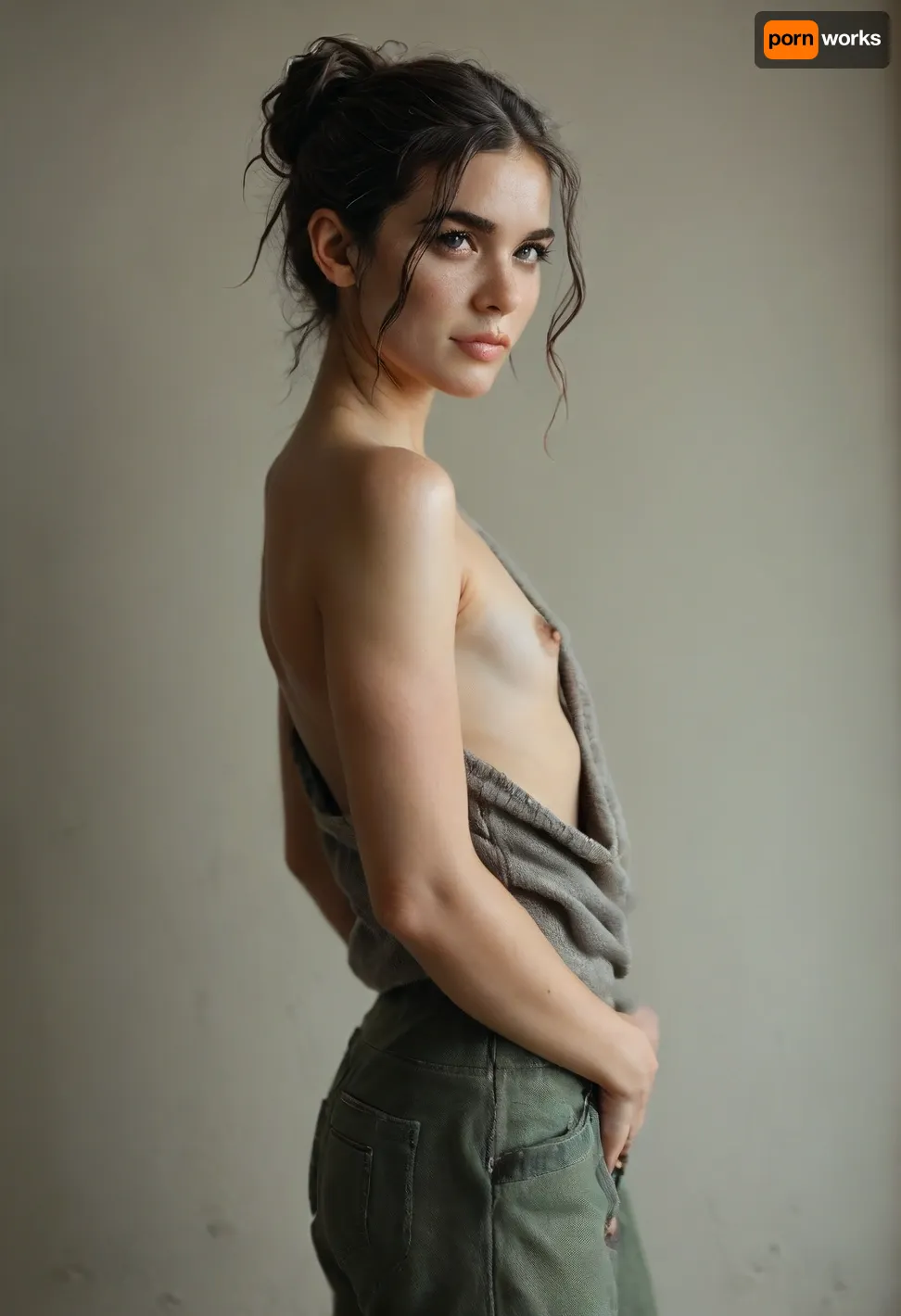 Female, 20 years old, ((presenting pubic Hair)), ((Your pubic hair is sticking out of the top of your pants)), very hairy pube, ((very slender body)), ((small tits)), ((flat chest)), areolas visible, ((nipples visible)), site view, (((side boob))), (Panam Palmer from Cyberpunk2077:1.1), Ultra-detailed, vibrant, and cheerful studio portrait of a young woman with a sweet, shy, and slightly playful smile, positioned centrally against a solid pink background. revealing a hint of her upper teeth, conveying both shyness and a touch of playful charm. Her gaze is directed straight into the camera, establishing an immediate, engaging connection.
Her face is distinctly oval-shaped, with soft, smooth contours, subtly rounded cheeks, and a gently defined chin. Her skin is notably fair and smooth, with a delicate, natural rosy flush on the apples of her cheeks, suggesting youth and vitality. Her eyes are expressive, a sparkling blue or blue-grey, appearing wide and clear. The eye shape is almond, with a gentle upward tilt at the outer corners. Her upper eyelids are clearly visible, adorned with very subtle, natural-looking light brown eyeshadow that barely defines the crease. Her eyebrows are medium in thickness, perfectly groomed, with a soft, natural arch, and colored in a soft blonde that beautifully complements her hair. Her nose is small, straight, and finely sculpted. Her lips are medium-full, displaying a soft, natural pink hue with a glossy finish, gently curved into her sweet smile.
Her hair is long, voluminous, and has a rich, warm light blonde or dirty blonde base color, enriched with delicate, sun-kissed lighter highlights that add depth and dimension, particularly visible in the waves. The hairstyle is a distinctive half-updo, featuring two prominent, high-set "space buns" or top knots positioned symmetrically on the crown of her head, giving a playful and youthful look. A few soft, loose strands delicately frame her face, enhancing its gentle contours.
She is wearing a cozy, oversized, chunky knit sweater in a vibrant yet soft light pink color. The sweater features a clear, intricate cable knit pattern across the body and sleeves, giving it a rich texture and warmth. The sleeves are noticeably long and baggy, extending far past her wrists and completely covering her hands. Her hands are clasped together at chest level, with the sweater fabric creating soft folds and gathers around them, emphasizing a shy or endearing gesture. Below the voluminous sweater, a glimpse of a lighter pink yogapants is visible. This yogapants appears to be made of a sheer or tulle fabric. Her body is positioned frontally to the camera, with a slight lean or gentle pose that emphasizes the coziness of her attire. The image quality is ultra-sharp, photorealistic, showcasing intricate details in her hair, skin, and sweater., zwuul, <lora:add-detail-xl:1.2>, <lora:BUT_SDXL_SHS:1>, <lora:MJ52:1.1>, <lora:DetailedEyes_V3:1>, <lora:zwuul-sdxl:.8>