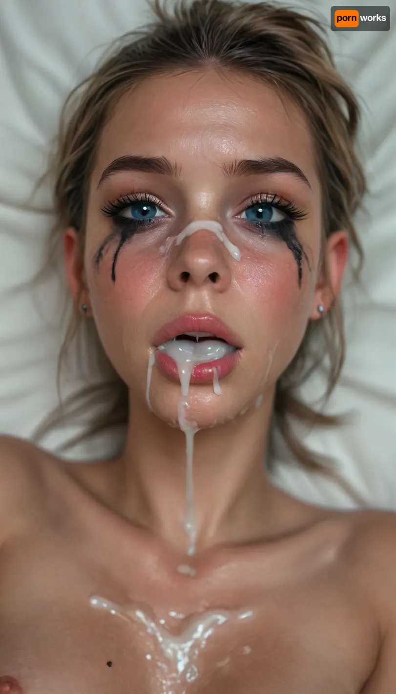 Cinematic still, (woman:1.2), ((45 years old)), ((milf)), big round silicon breasts, dark makeup, eyeliner, eyeshadow, mascara, long eyelashes, slim waist, nude, black stockings, black choker, long blond hair, striking facial features, (blue eyes), (exhausted:1.5), (satisfied:1.5), narrow face, sweaty skin, sweaty hair, silver jewelry, on bed in a bright bedroom, (lying on her back:1.5), head turned slightly to the side, (((looking directly to the viewer))), (cum on face:1.9), (mouth slightly open:.1), (cum overflow from mouth:1.7), (cum run down cheek:1.5), (mouth filled to the brim with cum:1.5), gargle with cum, (ruined makeup:1.2), (ruined hairstyle:1.5), (cum on tits:1.2), devot, view from above, 4k epic detail, shot on kodak, 35mm photo, sharp focus, high budget, cinemascope, moody, epic, film grain, grainy, score_9, score_8_up, score_7_up, rating, explicit, big_eyes, but, <lora:style_lora_realis:2>, <lora:BUT_SDXL_SHS:2>, <lora:SDXLHighDetail_v6-000005:2>