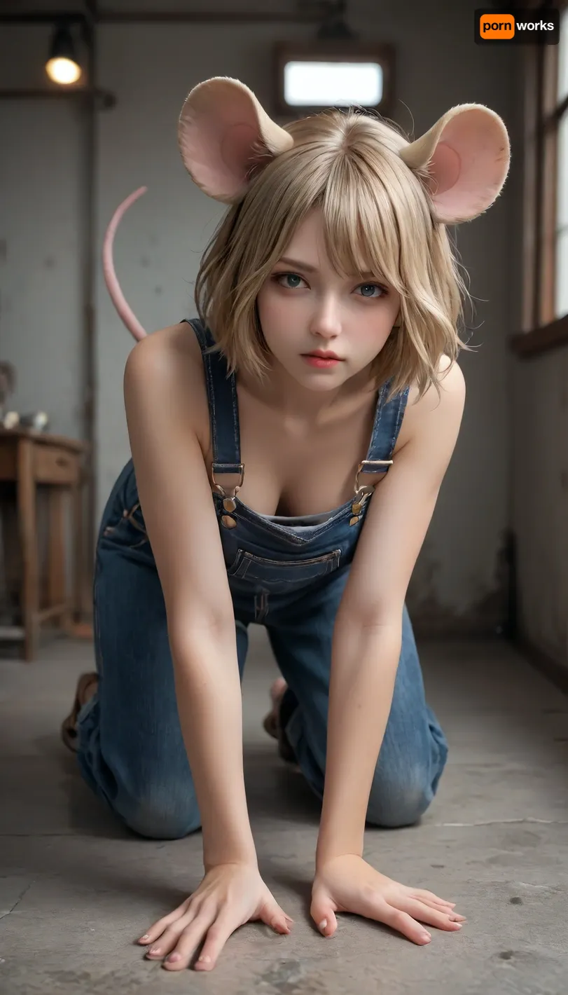 blonde woman 20 years, big boobs, mouse ears and tail, dirty overalls, half naked, all on fours