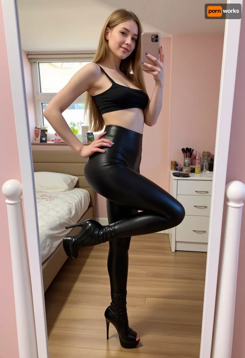 Stylish mirror selfie featuring a 18 yo, beautiful eyes, cute nose, sweet look, ((small, petite:1.3)), cute young Ginger, she have heavy saggy breast, pale. She’s dressed downblouse tanktop and wearing very tight leggings with black latex high heels, cameltoe, posing with a hand on her hip showing off her fit ass, her ass crack is well visible. The room has a modern aesthetic, with a large mirror, scattered makeup items, and soft lighting that enhances the pastel colors around her. The angle of the shot is slightly tilted, capturing a laid-back, influencer-inspired vibe, Very/Extremely, High, Boots/Shoes/Pumps/Wedges/Platforms, <lora:NSFW_master:1.1>