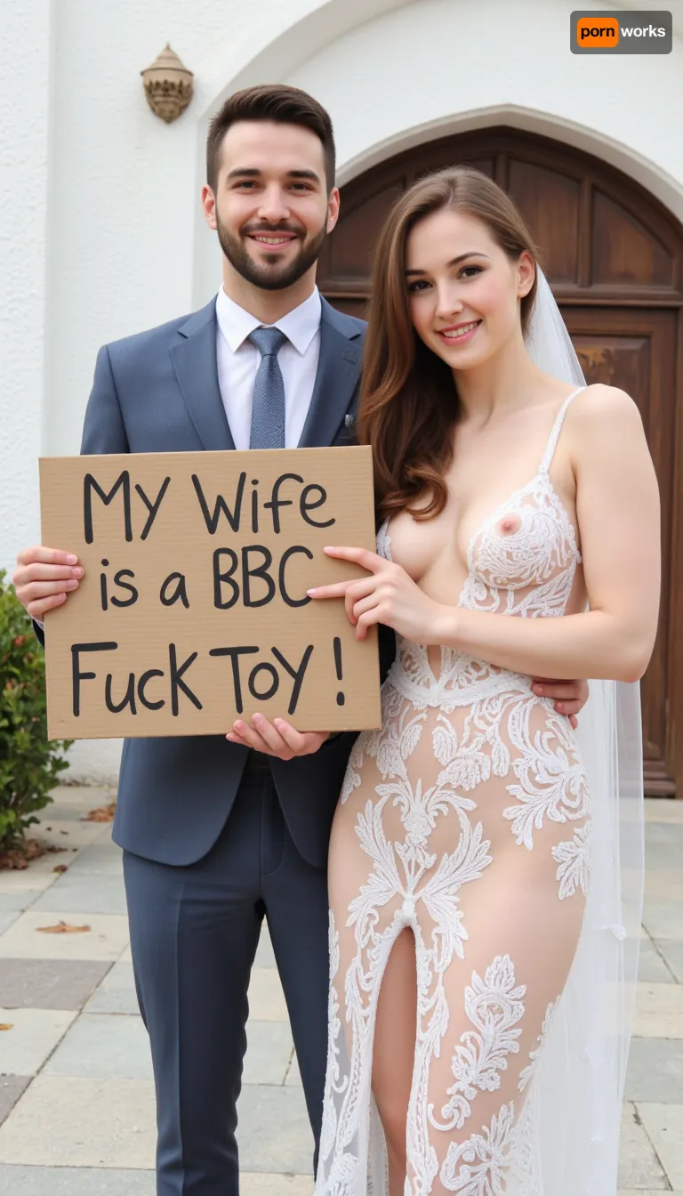 photo of a sexy iranian couple couple, persian super busty bride and groom, super sexy sheer ultra open deep v neck dress, no bras, titts free and long lace wedding veil. on their wedding day in front of a church, smiling. Brown hair, The groom holds a handmade sign with text, "My wife is a BBC Fuck Toy"., wedding, photo, groom, bride, <lora:female_beauty_v1_00:1.4>, <lora:wedding_photography_flux_lora:1.1>