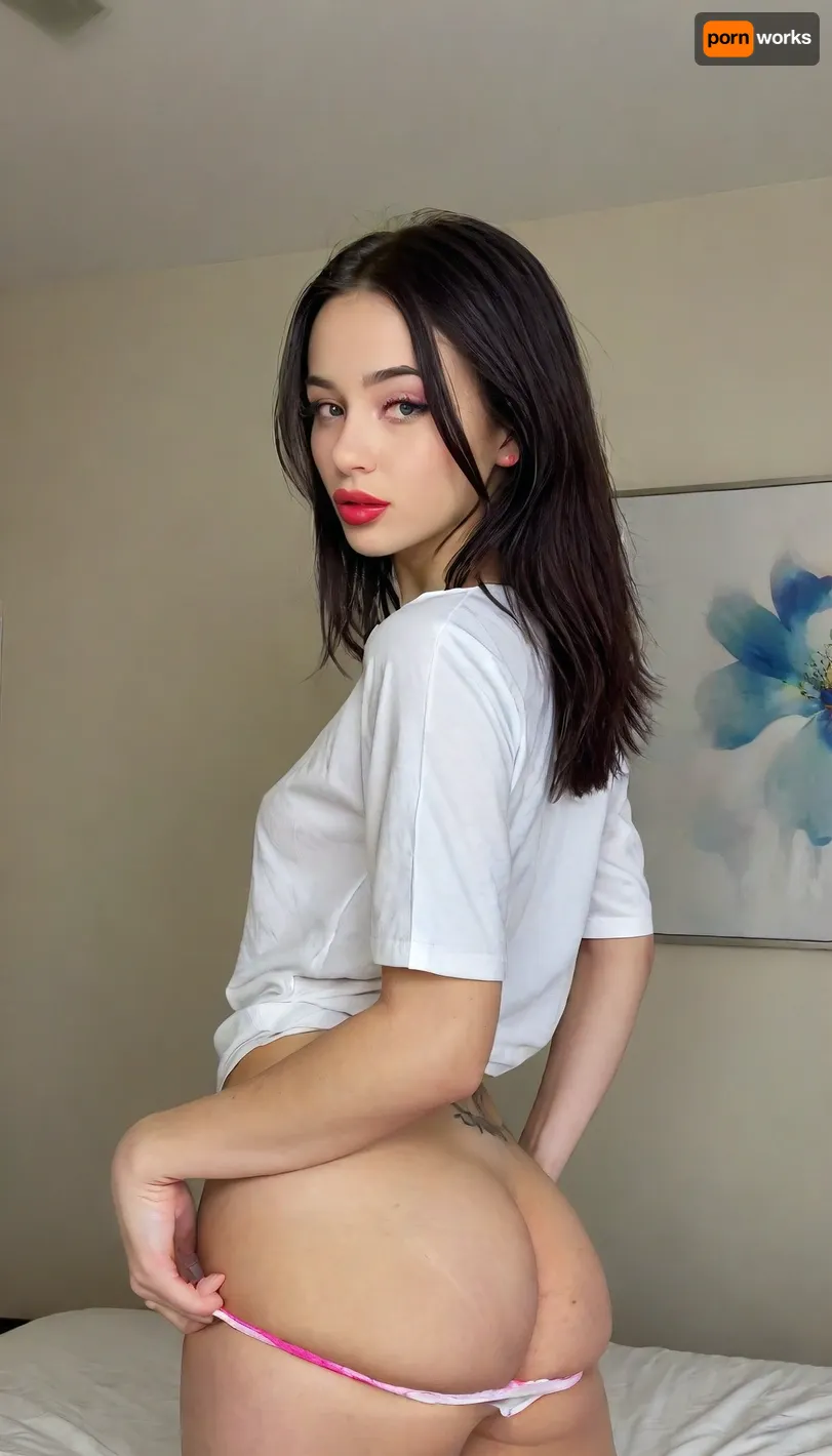 18 year old sexy skinny black hair, hot pink lipstick, wearing big loose white shirt, thong panties, <lora:MJ52:.9>, <lora:SDXL_BetterFaces-LoRA_v1:.8>
