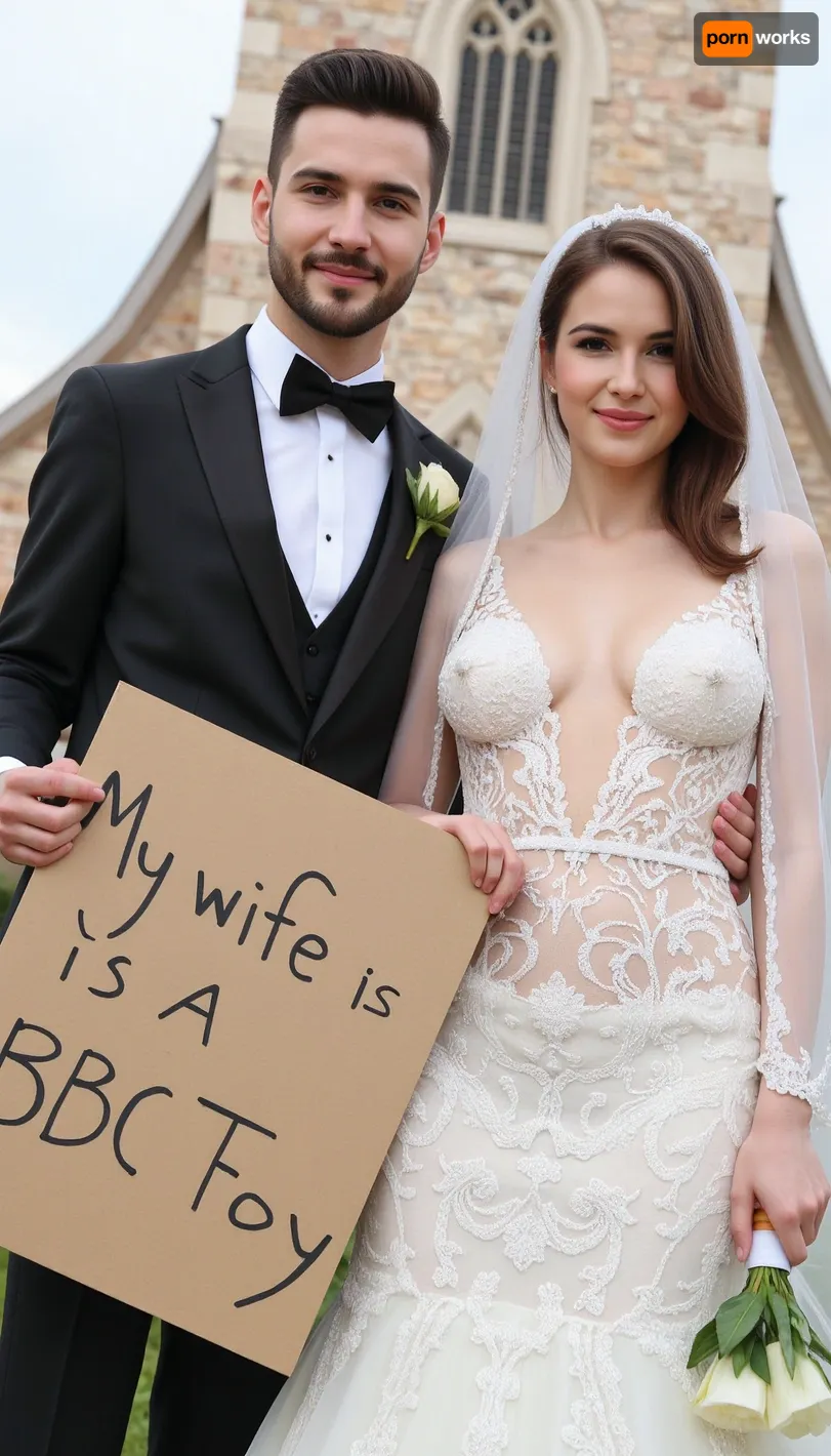 photo of a sexy iranian couple couple, persian super busty bride and groom, super sexy sheer ultra open deep v neck dress, no bras, titts free and long lace wedding veil. on their wedding day in front of a church, smiling. Brown hair, The groom holds a handmade sign with text, "My wife is a BBC Fuck Toy"., wedding, photo, he stands of the left side of her, groom, bride, <lora:female_beauty_v1_00:1.4>, <lora:wedding_photography_flux_lora:1.1>