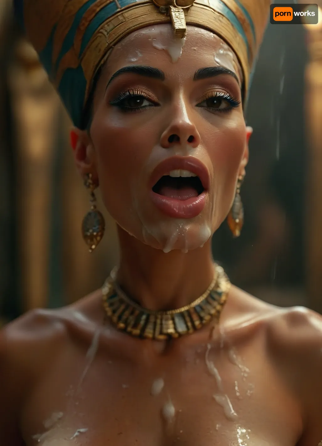 40 year old female Nefertiti Queen, Ancien Egyptian beauty, covered in thick white realistic cum, sexy expression, orgasm, orgasm face, Mouth half open, tongue on lip, eyes half closedwoman, cum, on, face, <lora:MJ52:.3>, <lora:BUT_SDXL_SHS:1.3>, <lora:add-detail-xl:.7>, <lora:CinematicStyle_v1:2>, <lora:JustCum:1.7>