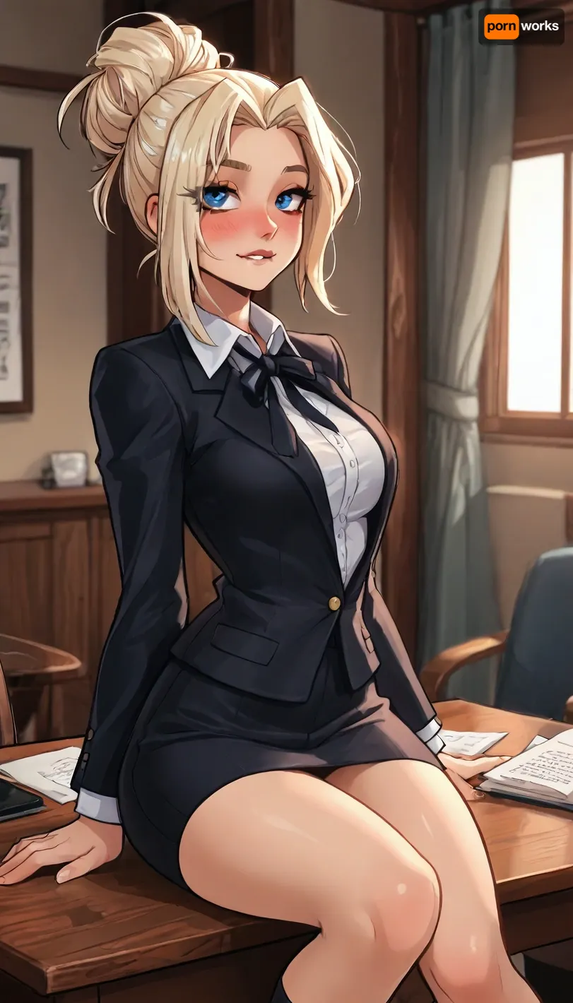 Score_9, score_8_up, score_7_up, (reiq meets innv and markgavatino style:1), White blonde hair in a bun, blue eyes, office outfit, (giant tits:1), sitting on table, mini skirt, (flushed cheeks, blushing desperately horny:.8), (eye contact, devious expression, lip bite:1.2), high contrast, (dramatic lighting:1), (dynamic motion, motion blur), score_9, SamDoesArts, traditional, media, <lora:LCMTurboMix_Euler_A_fix:1.4>, <lora:EnvyBeautyXL02:1.8>, <lora:SDXLSamDoesArts:1.8>, <lora:Yogisya_XL:1.9>, <lora:mk_Bp Anime_xl:1.8>