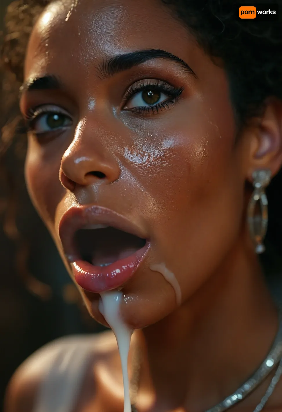 portrait of 40 year old female slave of pharao, Egyptian beauty, Arabian face, nubian face, ebony face, covered in thick white realistic cum, sexy expression, orgasm, orgasm face, Mouth half open, realistic cum in her mouth on her tongue. tongue on lip, eyes half closedwoman, cum, on, face, pleasure on her face, realistic teeth, <lora:MJ52:.3>, <lora:BUT_SDXL_SHS:1.3>, <lora:add-detail-xl:.7>, <lora:CinematicStyle_v1:2>, <lora:JustCum:1.7>