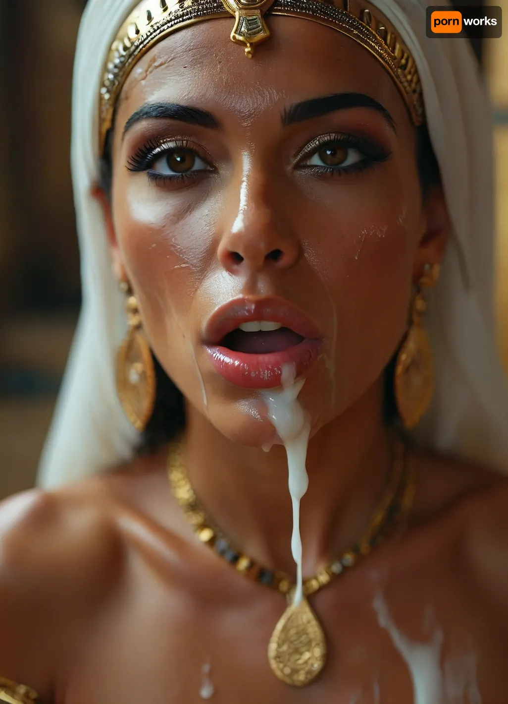 40 year old female Hatchepsout Pharao Queen, Ancien Egyptian beauty, Arabian face, Egyptian face, covered in thick white realistic cum, sexy expression, orgasm, orgasm face, Mouth half open, tongue on lip, eyes half closedwoman, cum, on, face, <lora:MJ52:.3>, <lora:BUT_SDXL_SHS:1.3>, <lora:add-detail-xl:.7>, <lora:CinematicStyle_v1:2>, <lora:JustCum:1.7>