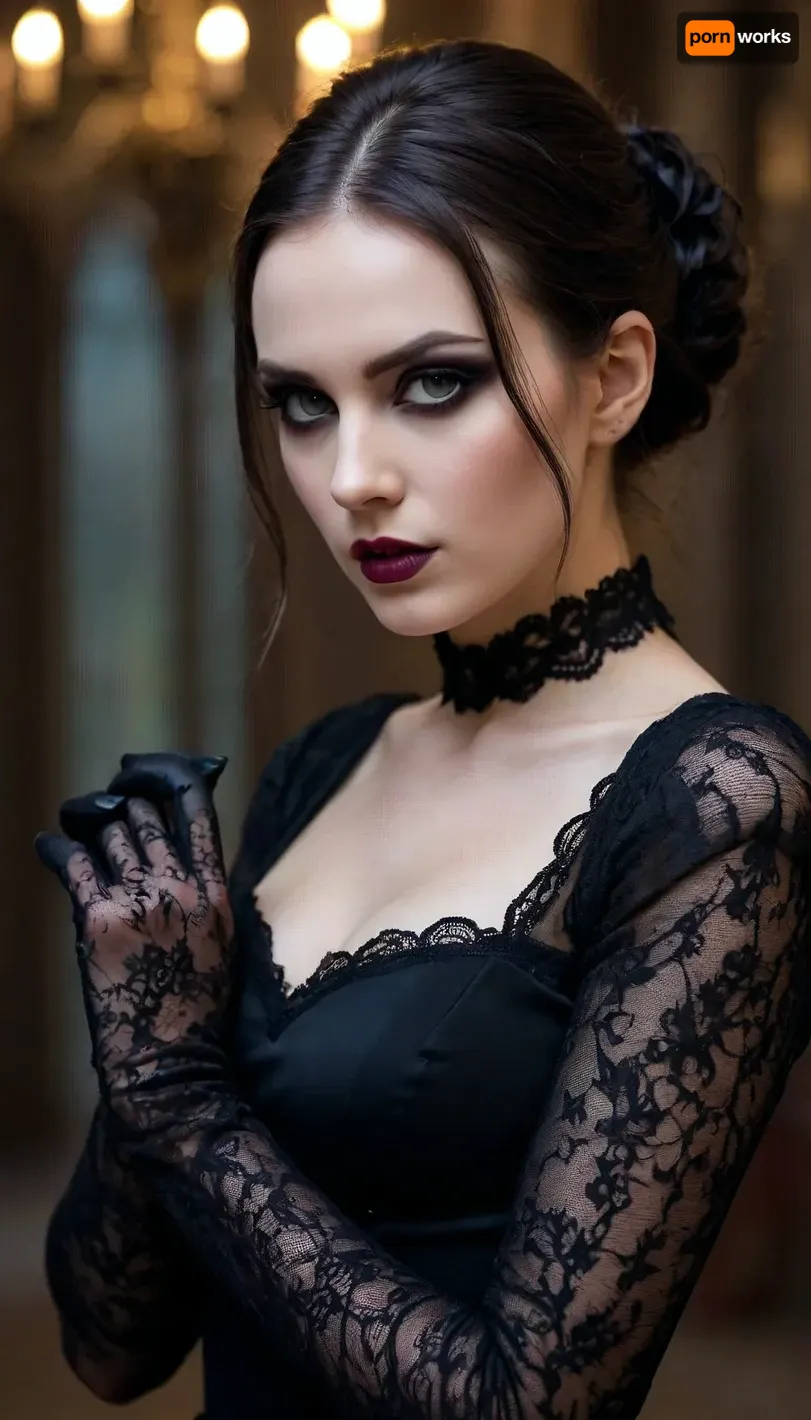 gothic woman age 25, long lace gloves, revealing black dress, heavy make up