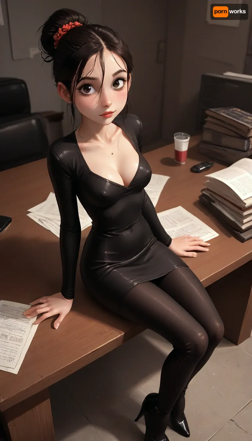 (Jack cayless art style), 1 woman, 30yo, very petite, very tight, (Insanely hot very skinny black hair secretary in office sitting at a desk), (huge silicone boobs), red ballet bun haircut, (she is submissive, looking at viewer eye contact), (jewelry), (very sexy black latex dress), (cleavage, tits out, visible naked tits), (view from distance, view from above, whole body in view), naked tits, (detailed extremely high heel shoes), shaved pussy, bottomless, (view from side, precum string), skin imperfections, BadX, (cartoon), tooned, cartoon, low color palette, painted, illustration, made in illustrator, no gradients, incase style, concept, retro, futuristic, flat colors, masterpiece, skirtlift, <lora:DetailedEyes_V3:.6>, <lora:skirtlift_xl:.8>