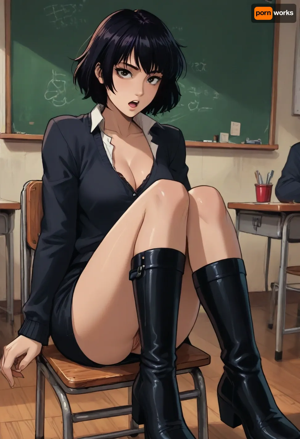 Score_9, score_8_up, score_7_up, reiq meets markgavatino art style, perfect fingers, official art, boyish, tomboy, teacher in classroom, brown eyes, black hair, teasing, flirty, open mouth, black cardigan, shirt, pencil skirt, stockings, black long boots, seductive, thick thighs, ultra detailed, high resolution, anatomically accurate, perfect face, perfect hourglass body, sitting on chair in classroom, lifting skirt to show pussy while leaning forward to show cleavage, pubic hair, nip slip, cute, doodle, ratatatat74, <lora:cutedoodle_XL-000012:.8>, <lora:ratatatat74-000050:.8>, <lora:NEOTOKIOXL_0.2_RC:.8>, <lora:outline_xl_kohaku_delta_spv5x:.8>