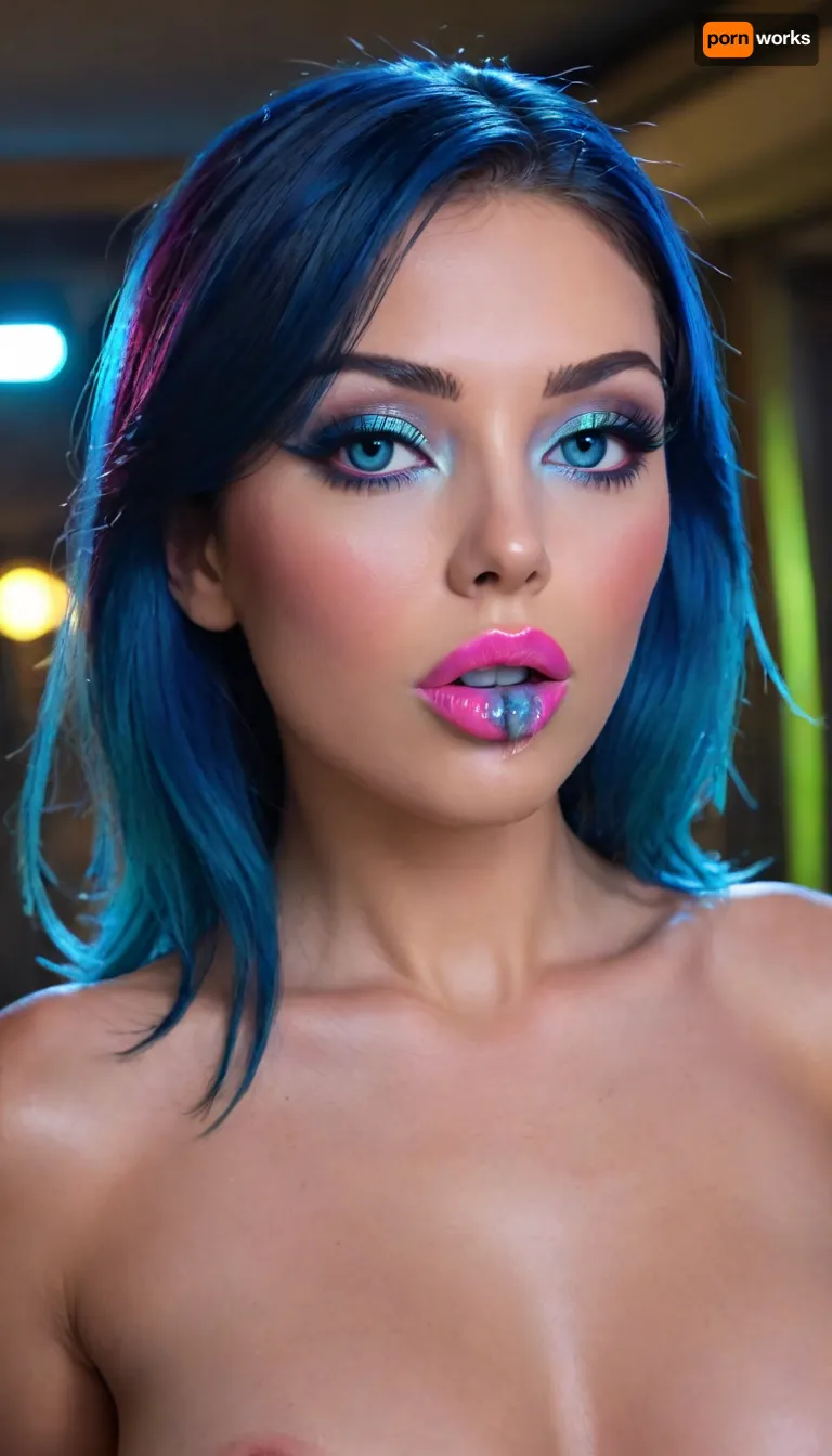 full-length photo
markgavatino art style, (Masterpiece), (ultra high definition), sexy robot with robot face, (hyper fully robotic girl), Beautiful, long dark BLUE hair, natural breasts, and white eyes., (((cyan shiny hyper glowing neon pussy lips))), (B3YOND_STYLE_MECHA), (hyper spread pussy, hyper gaping pussy), ((makeup:1.5), long blue eyelashes, olive eyeshadow with glitter), (lips:1.2), pink lipstick, seducing smirks. At the final stage, the cameraman finished on the woman's face makeup., makeup, eyeliner, eyelashes, <lora:Modern_MakeUp_XL_v0_1:2>, <lora:milkers_v2:.8>