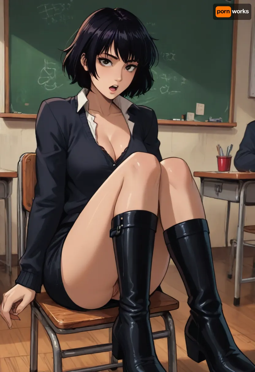 Score_9, score_8_up, score_7_up, reiq meets markgavatino art style, perfect fingers, official art, boyish, tomboy, teacher in classroom, brown eyes, black hair, teasing, flirty, open mouth, black cardigan, shirt, pencil skirt, stockings, black long boots, seductive, thick thighs, ultra detailed, high resolution, anatomically accurate, perfect face, perfect hourglass body, sitting on chair in classroom, lifting skirt to show pussy while leaning forward to show cleavage, pubic hair, nip slip, cute, doodle, ratatatat74, <lora:cutedoodle_XL-000012:.8>, <lora:ratatatat74-000050:.8>, <lora:NEOTOKIOXL_0.2_RC:.8>, <lora:outline_xl_kohaku_delta_spv5x:.8>
