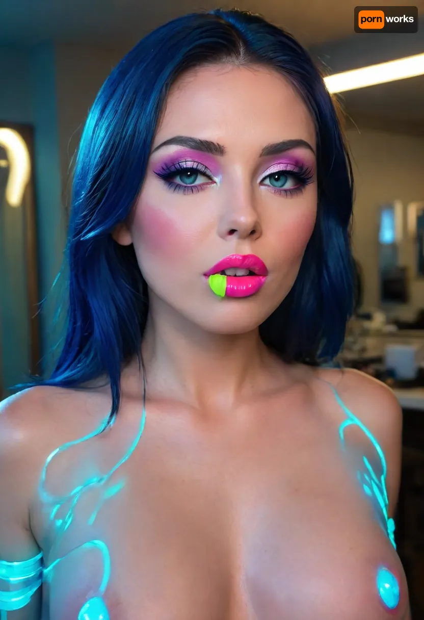 full-length photo
markgavatino art style, (Masterpiece), (ultra high definition), sexy robot with robot face, (hyper fully robotic girl), Beautiful, long dark BLUE hair, natural breasts, and white eyes., (((cyan shiny hyper glowing neon pussy lips))), (B3YOND_STYLE_MECHA), (hyper spread pussy, hyper gaping pussy), ((makeup:1.5), long blue eyelashes, olive eyeshadow with glitter), (lips:1.2), pink lipstick, seducing smirks. At the final stage, the cameraman finished on the woman's face makeup., makeup, eyeliner, eyelashes, <lora:Modern_MakeUp_XL_v0_1:2>, <lora:milkers_v2:.8>