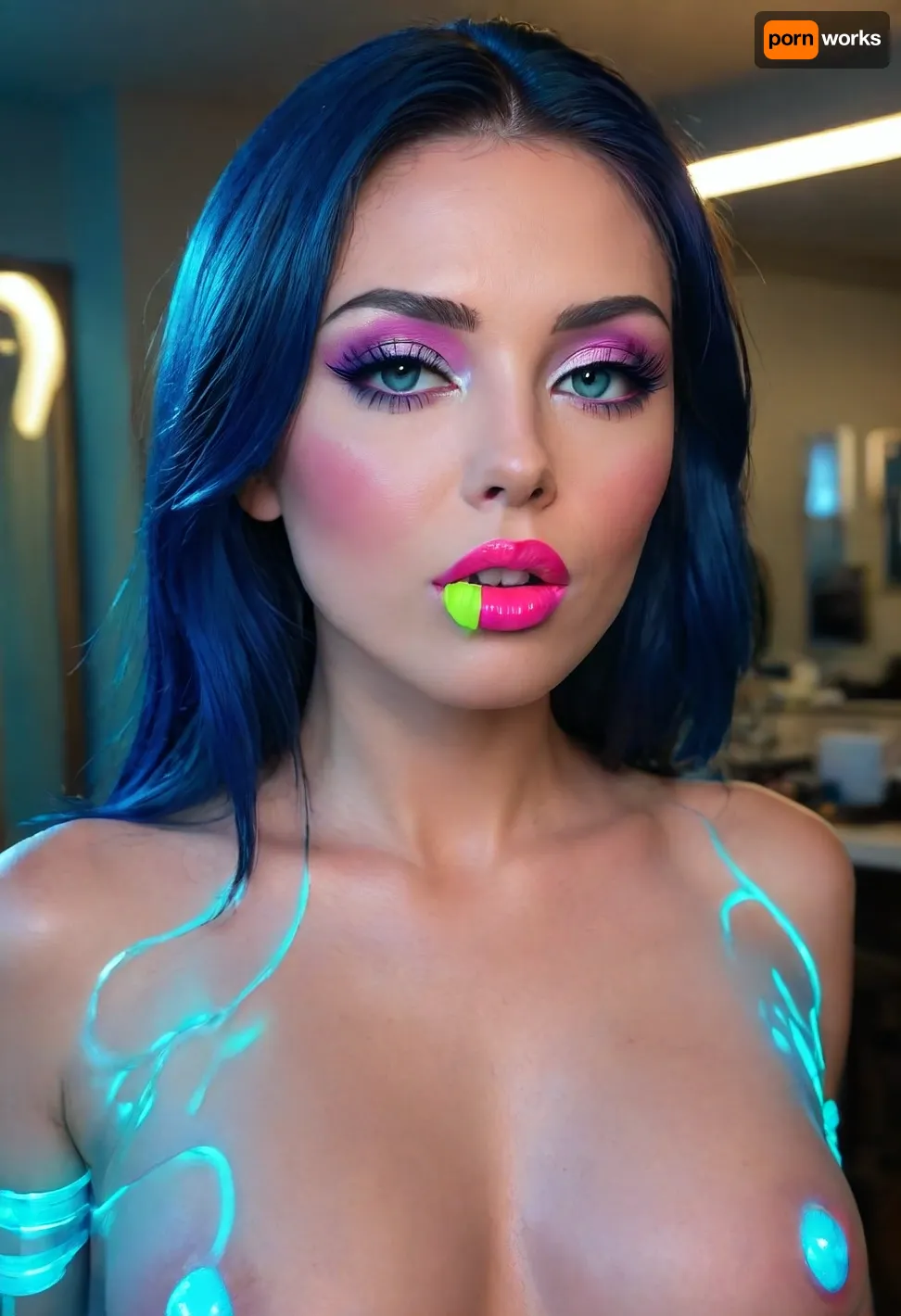 full-length photo
markgavatino art style, (Masterpiece), (ultra high definition), sexy robot with robot face, (hyper fully robotic girl), Beautiful, long dark BLUE hair, natural breasts, and white eyes., (((cyan shiny hyper glowing neon pussy lips))), (B3YOND_STYLE_MECHA), (hyper spread pussy, hyper gaping pussy), ((makeup:1.5), long blue eyelashes, olive eyeshadow with glitter), (lips:1.2), pink lipstick, seducing smirks. At the final stage, the cameraman finished on the woman's face makeup., makeup, eyeliner, eyelashes, <lora:Modern_MakeUp_XL_v0_1:2>, <lora:milkers_v2:.8>