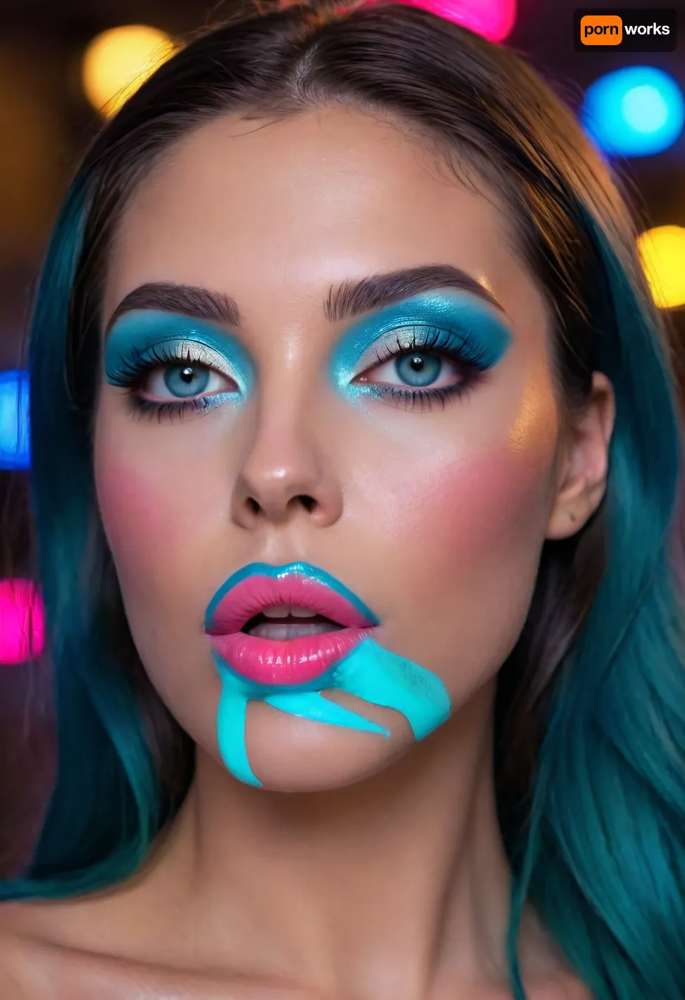 full-length photo
markgavatino art style, (Masterpiece), (ultra high definition), sexy robot with robot face, (hyper fully robotic girl), Beautiful, long dark BLUE hair, natural breasts, and white eyes., (((cyan shiny hyper glowing neon pussy lips))), (B3YOND_STYLE_MECHA), (hyper spread pussy, hyper gaping pussy), ((makeup:1.5), long blue eyelashes, olive eyeshadow with glitter), (lips:1.2), pink lipstick, seducing smirks. At the final stage, the cameraman finished on the woman's face makeup., makeup, eyeliner, eyelashes, <lora:Modern_MakeUp_XL_v0_1:2>